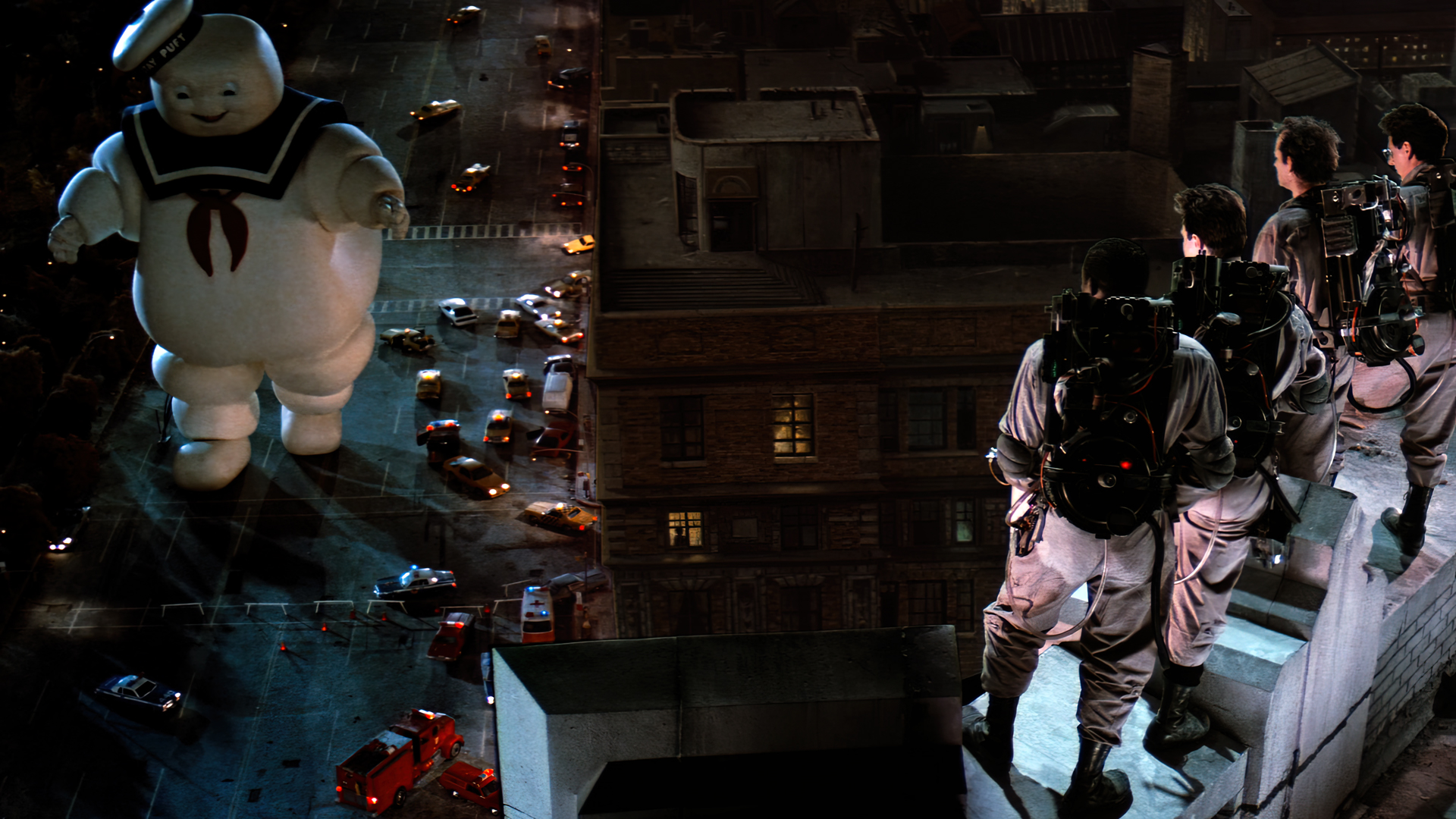 Ghostbusters Movies Film Stills New York City Building Car Stay Puft Marshmallow Man Street Rooftops 1920x1080