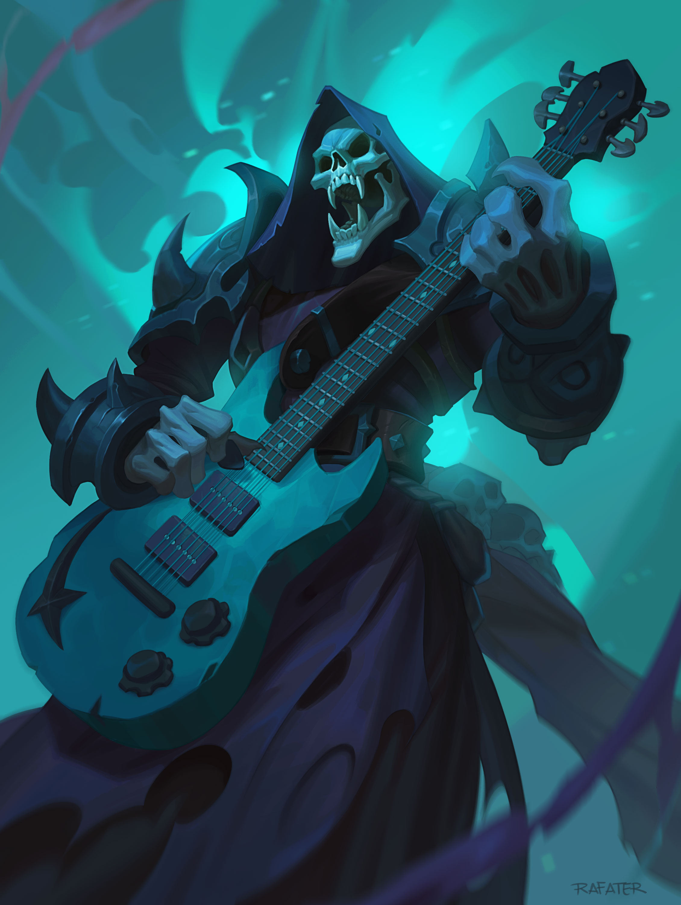 Guitar Grim Reaper Music Skull Fangs Drawing Portrait Display Musical Instrument Standing Signature 2260x3000