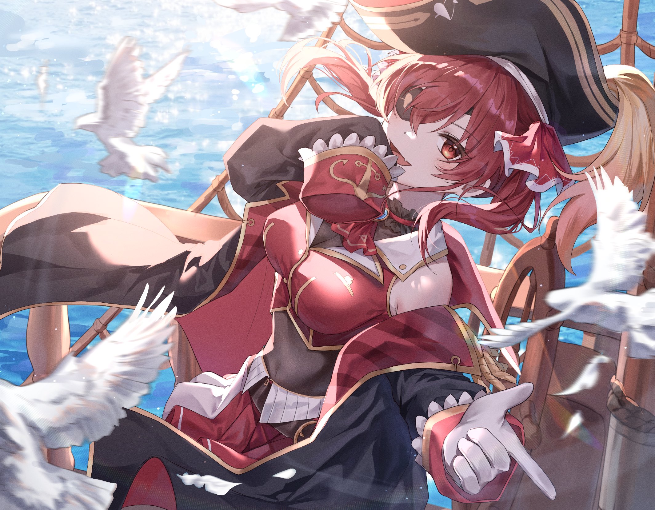 Hosho Marine Virtual Youtuber Hololive Pirate Girl Anime Girls Birds Eyepatches Pirate Hat Gloves Lo 2129x1658
