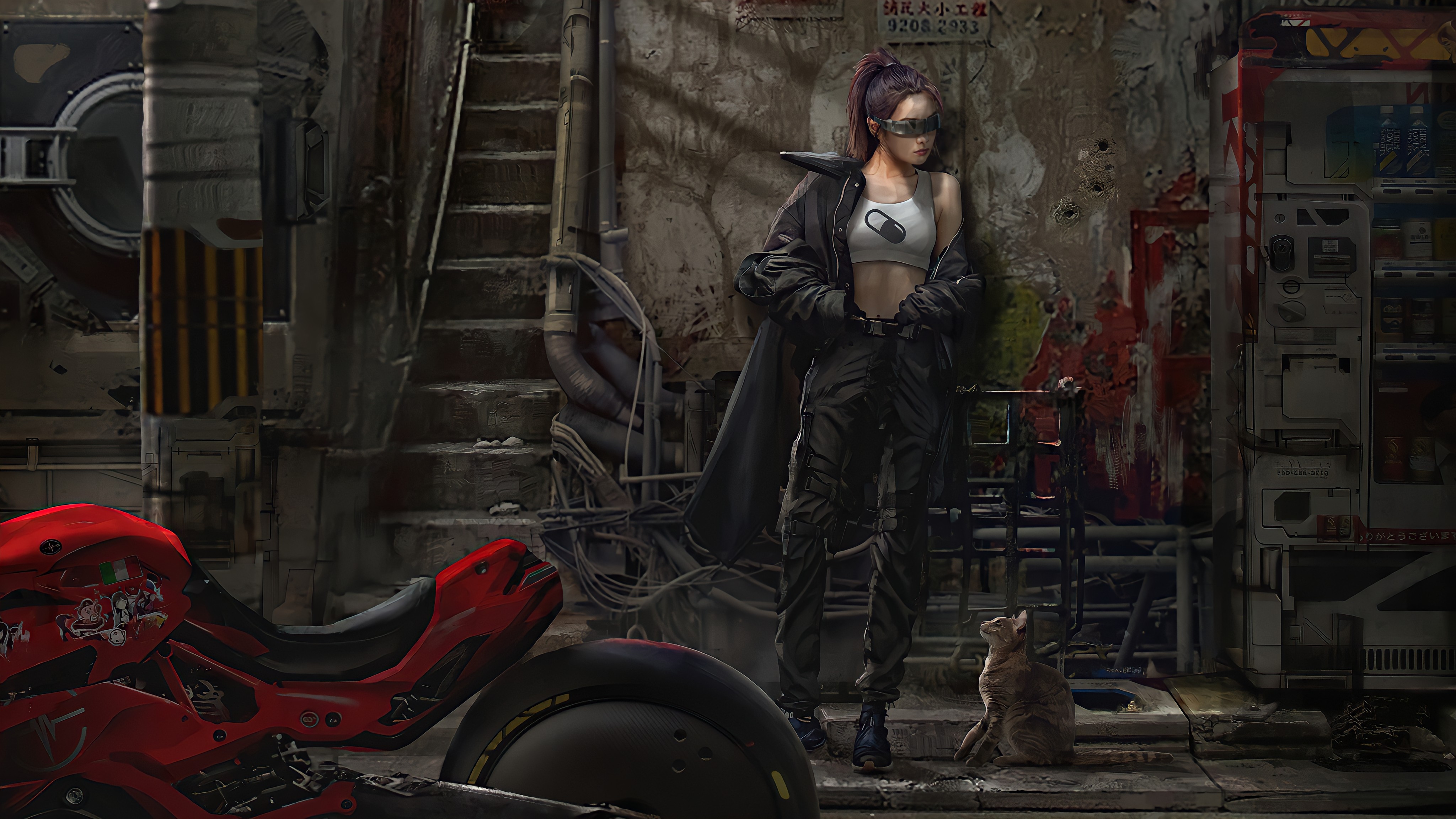 Biker Girl Cat Girl Sci Fi Cyber Red Glass Design 4096x2304