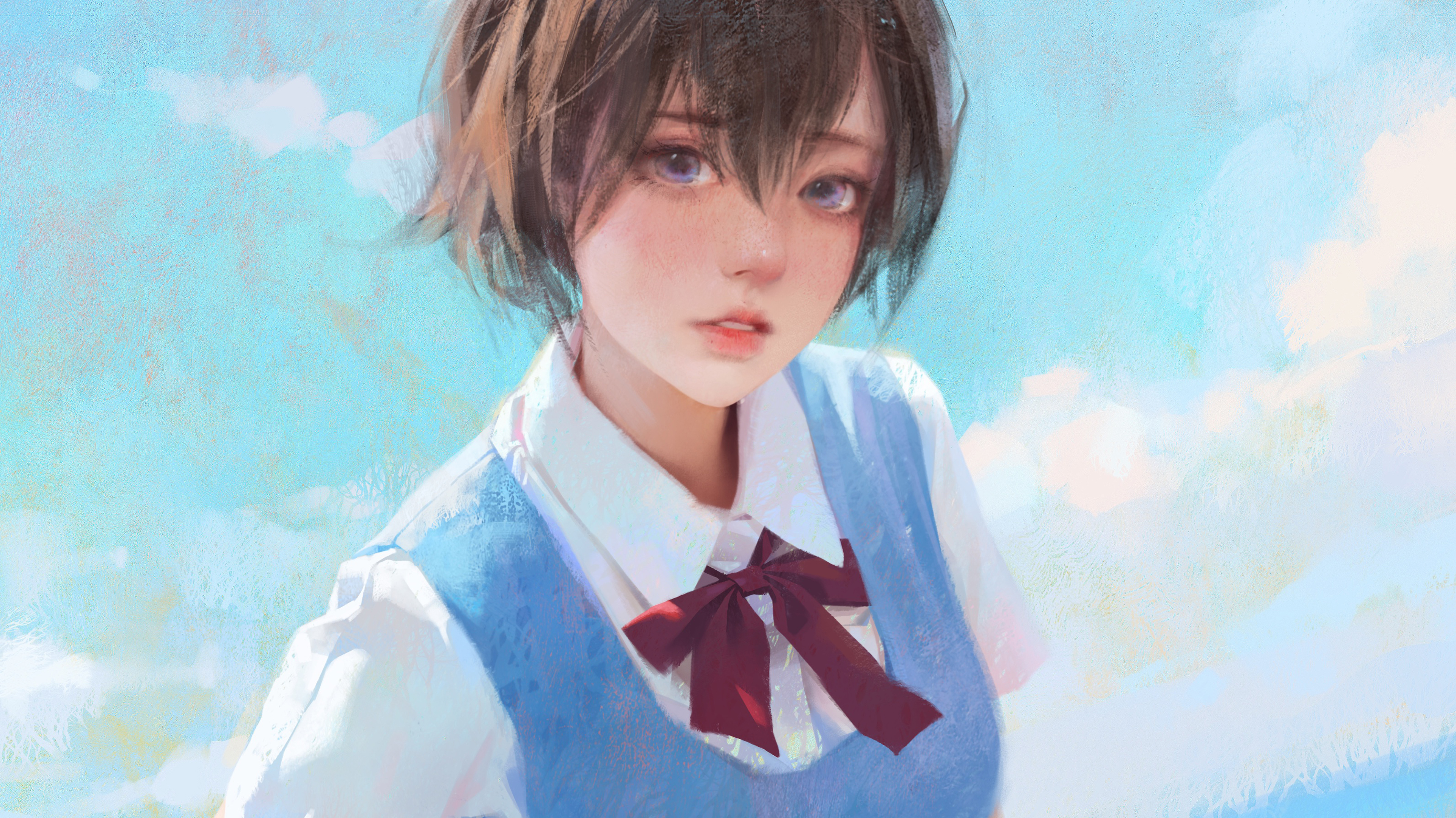Short Hair Anime Girls Looking At Viewer Artwork Digital Art Tie Oil Painting Sky Blue Uniform 3840x2160