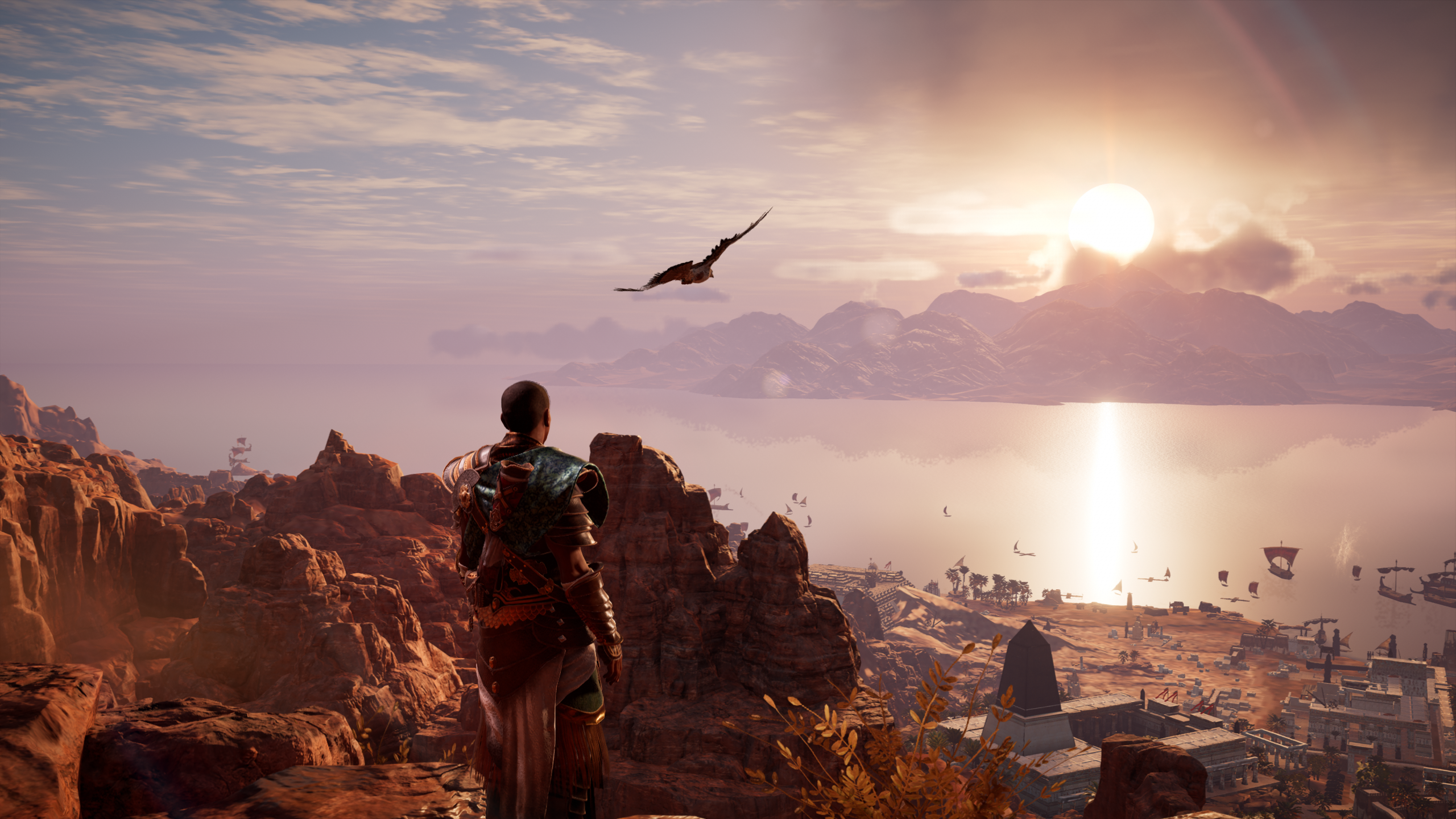 Assassin Creed Origins Sky Video Games Clouds Video Game Art Water Video Game Characters CGi Birds E 2560x1440