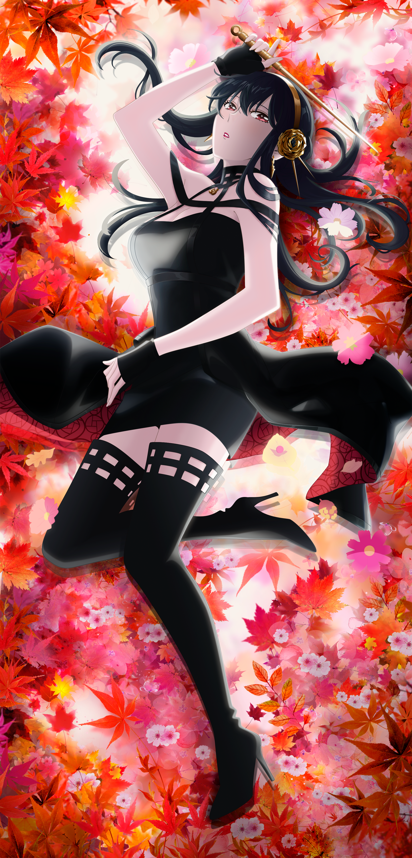 Anime Anime Girls Spy X Family Yor Forger Vertical Black Hair Long Hair Red Eyes Weapon Black Dress  1440x3000
