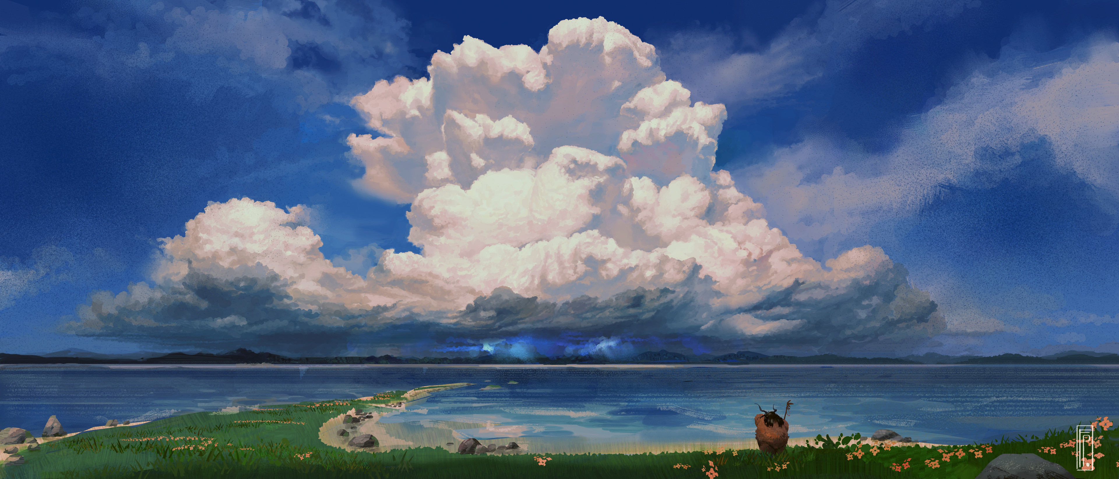 Digital Art Artwork Illustration Landscape Clouds Sea Water Sky Storm Beach Watermarked Environment  3840x1646