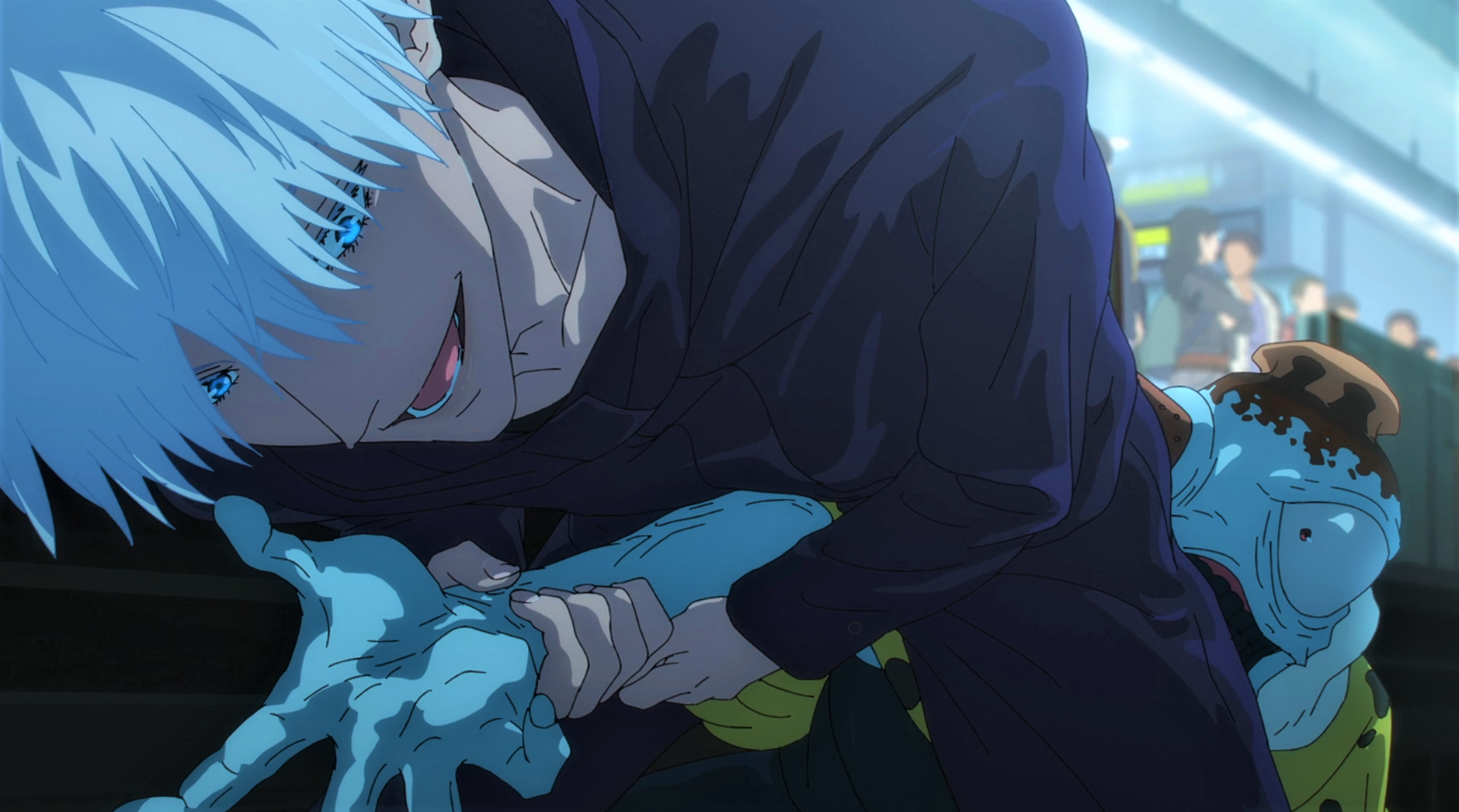 Jujutsu Kaisen Satoru Gojo Hands Smiling White Hair Blue Eyes Demon Uniform Anime Anime Screenshot A 1920x1069