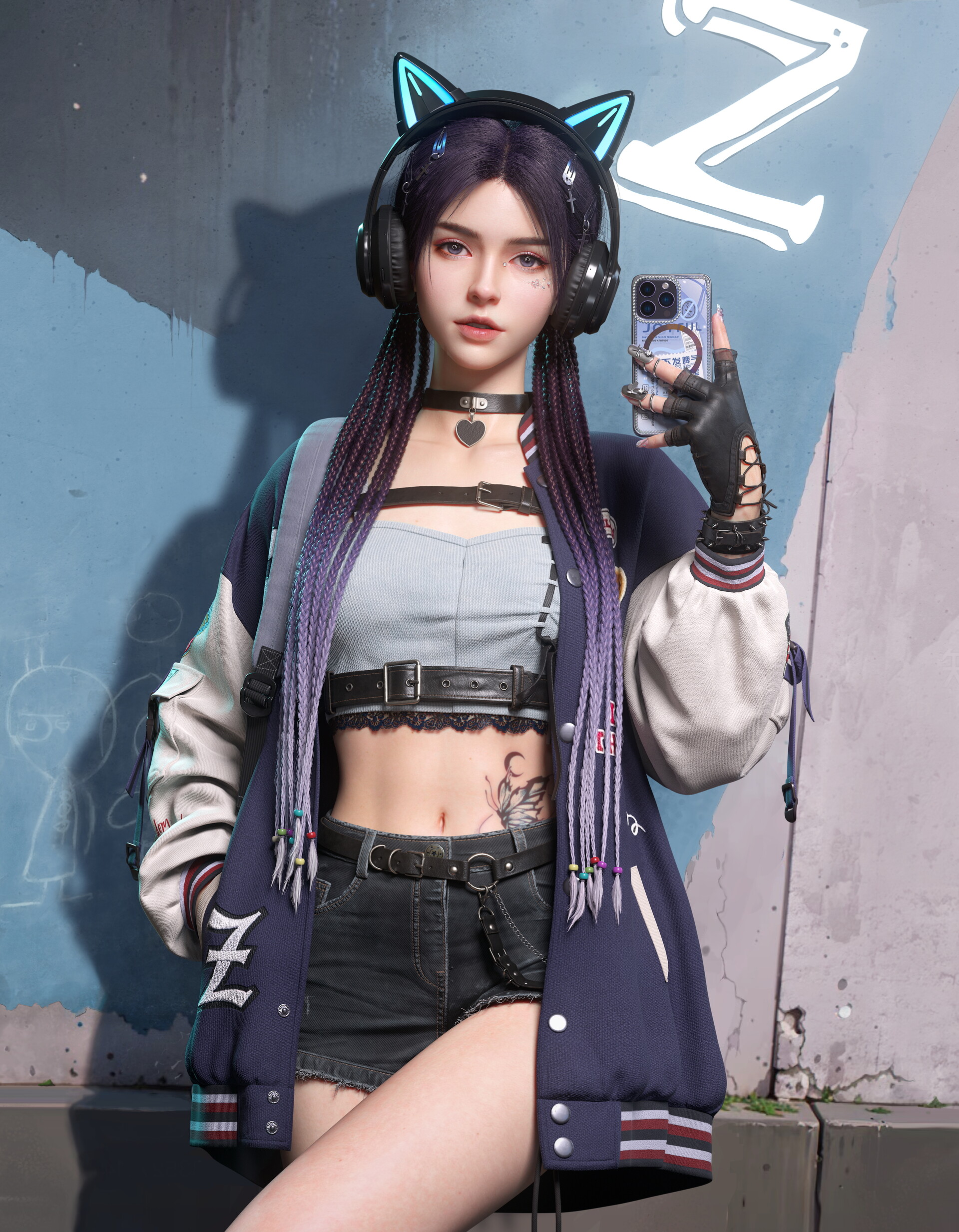Euginnx Wu CGi Women Purple Hair Headphones Graffiti Portrait Display Long Hair Looking At Viewer Sh 1920x2467