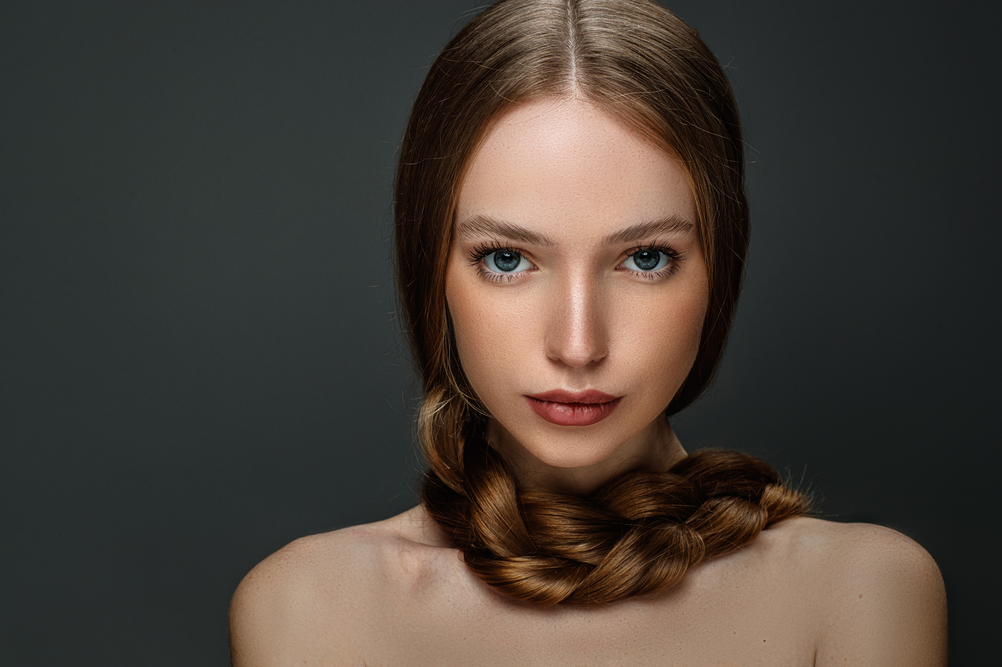 Sergey Sorokin Women Brunette Blue Eyes Makeup Braids Portrait Simple Background 3500x2333