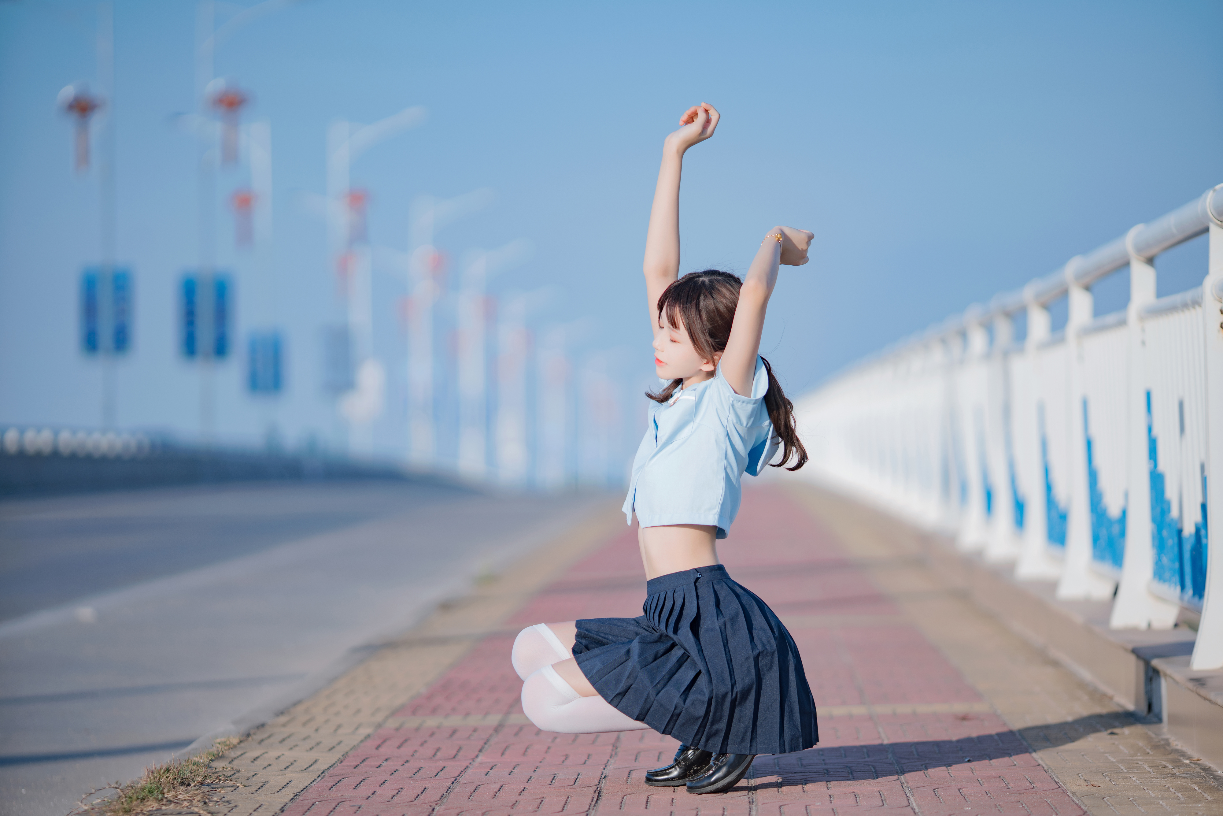 Model Long Hair Asian School Uniform Schoolgirl Pleated Skirt Arms Reaching Stretching 4000x2668