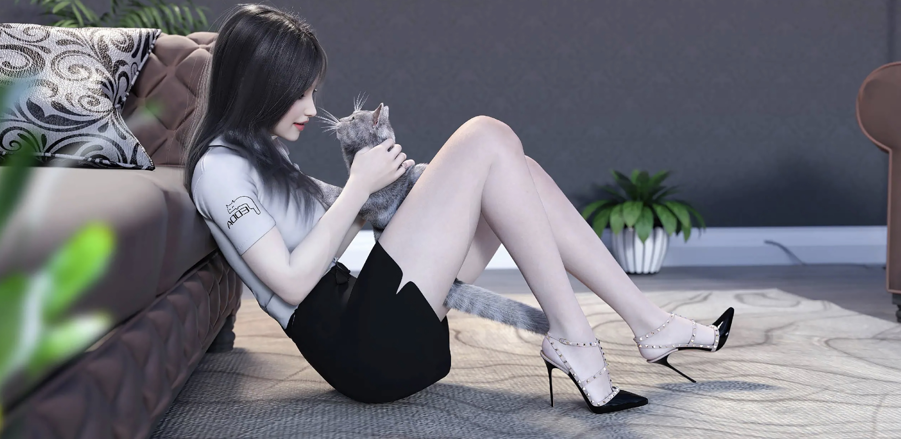 Kitty Stilettoes CGi Asian Heels Animals Couch Plants Leaves 2995x1459