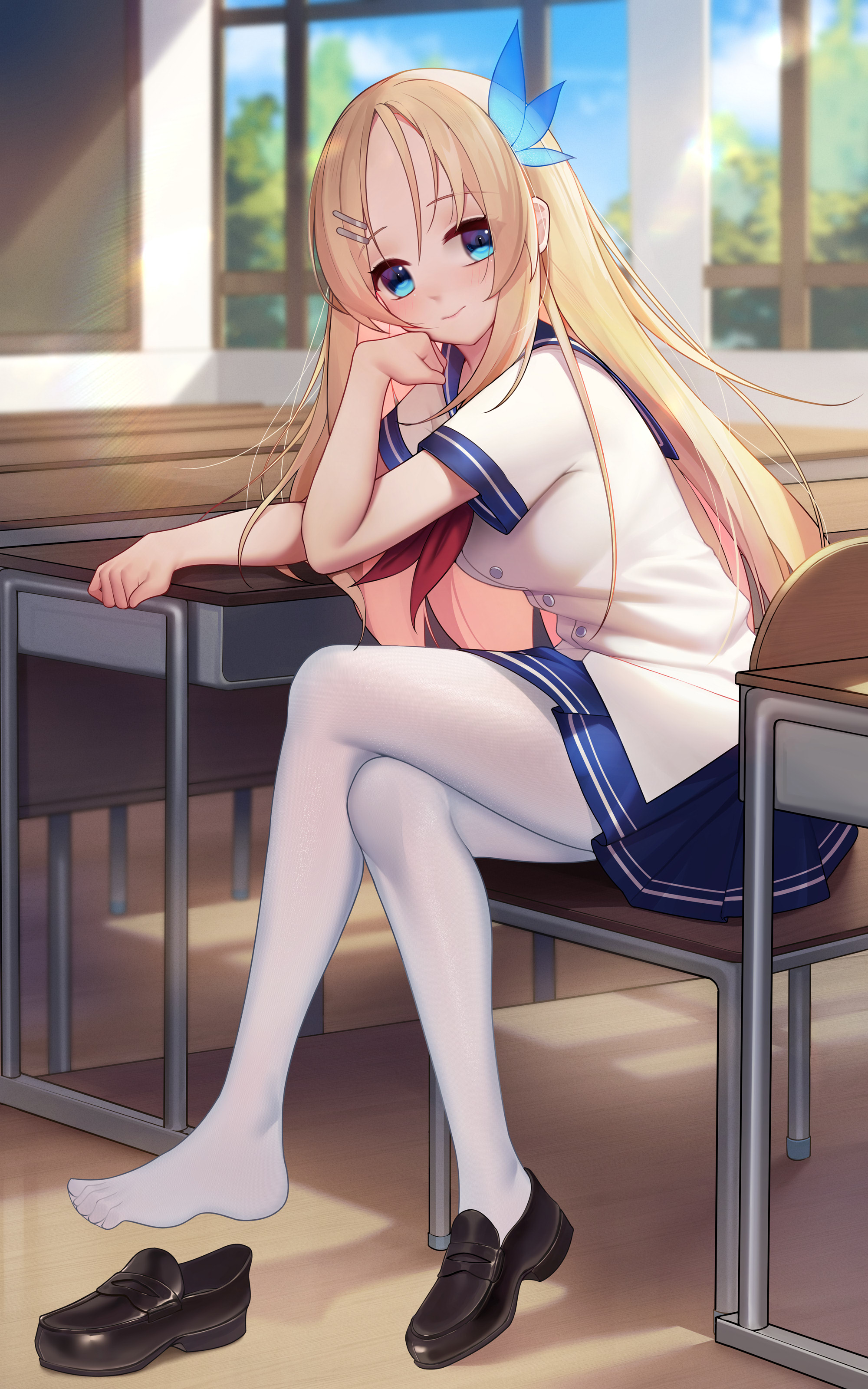 Legs Crossed Anime Girls Vertical Schoolgirl School Uniform Classroom Looking At Viewer Blonde Sunli 2000x3200