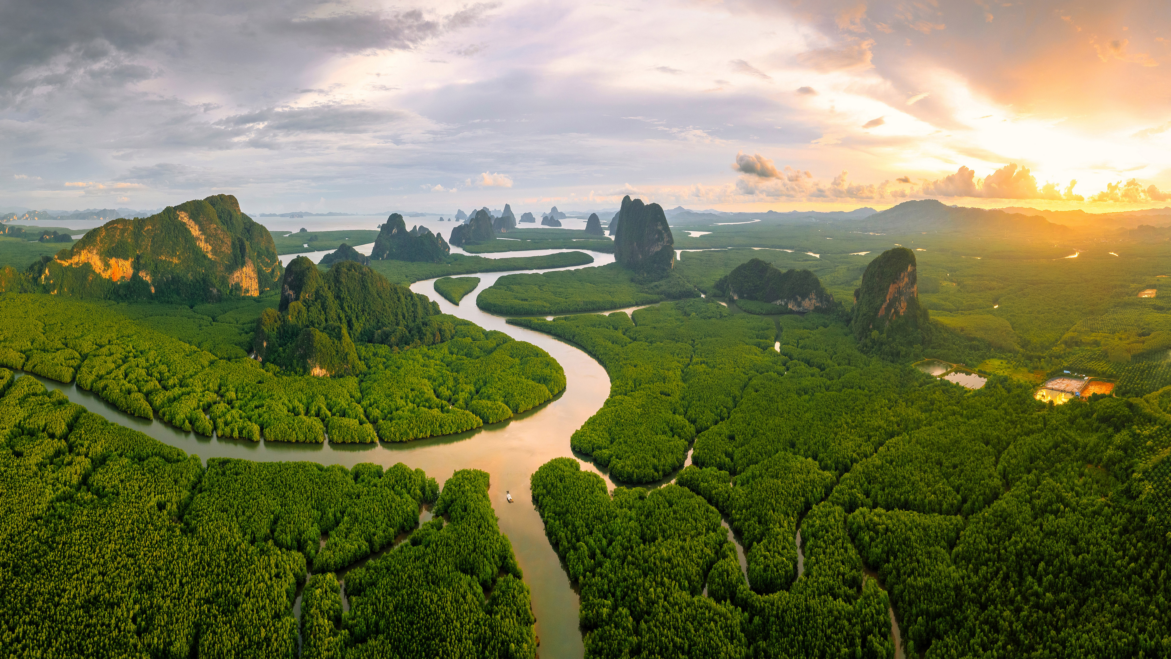Thailand Landscape Nature River Forest Rocks Mountains Sky Clouds Sunset Aerial View 3840x2160