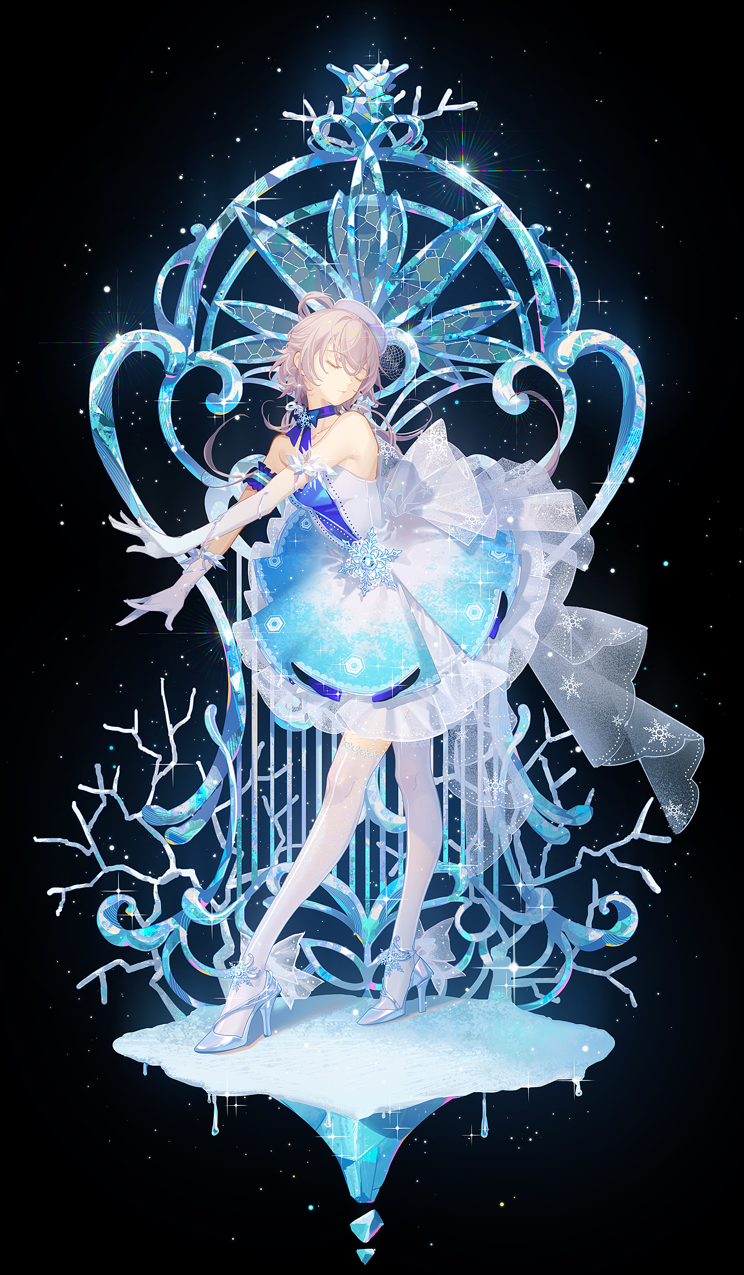 Anime Anime Girls Pixiv Portrait Display Closed Eyes Long Hair Dress Stars Frills Heels Standing Ice 1500x2571