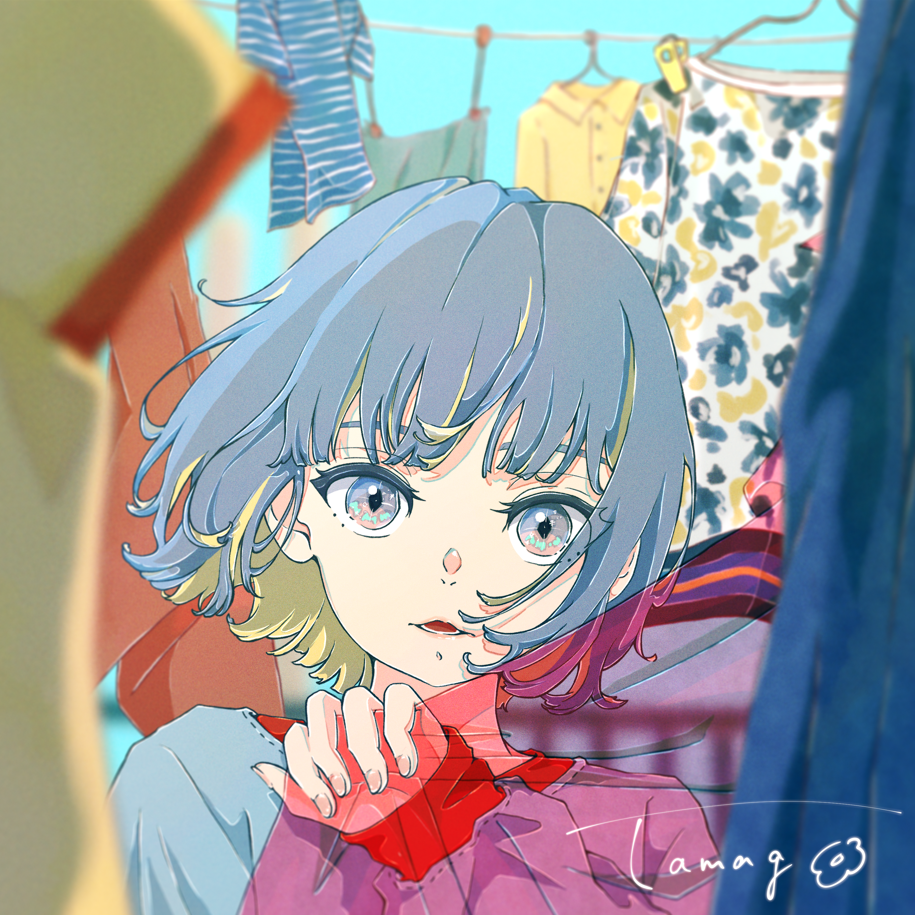 Digital Art Artwork Illustration Anime Women Short Hair Laundry Two Tone Hair Looking At Viewer Anim 3000x3000
