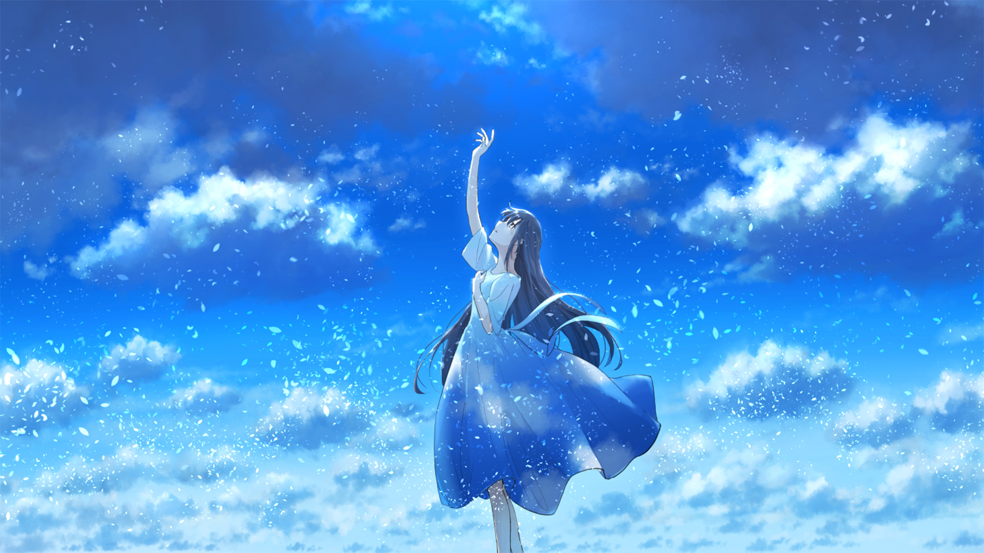 Sky Anime Long Hair Dark Hair Dress Clouds Looking Up Profile Petals One Arm Up Windy Anime Girls 1920x1080