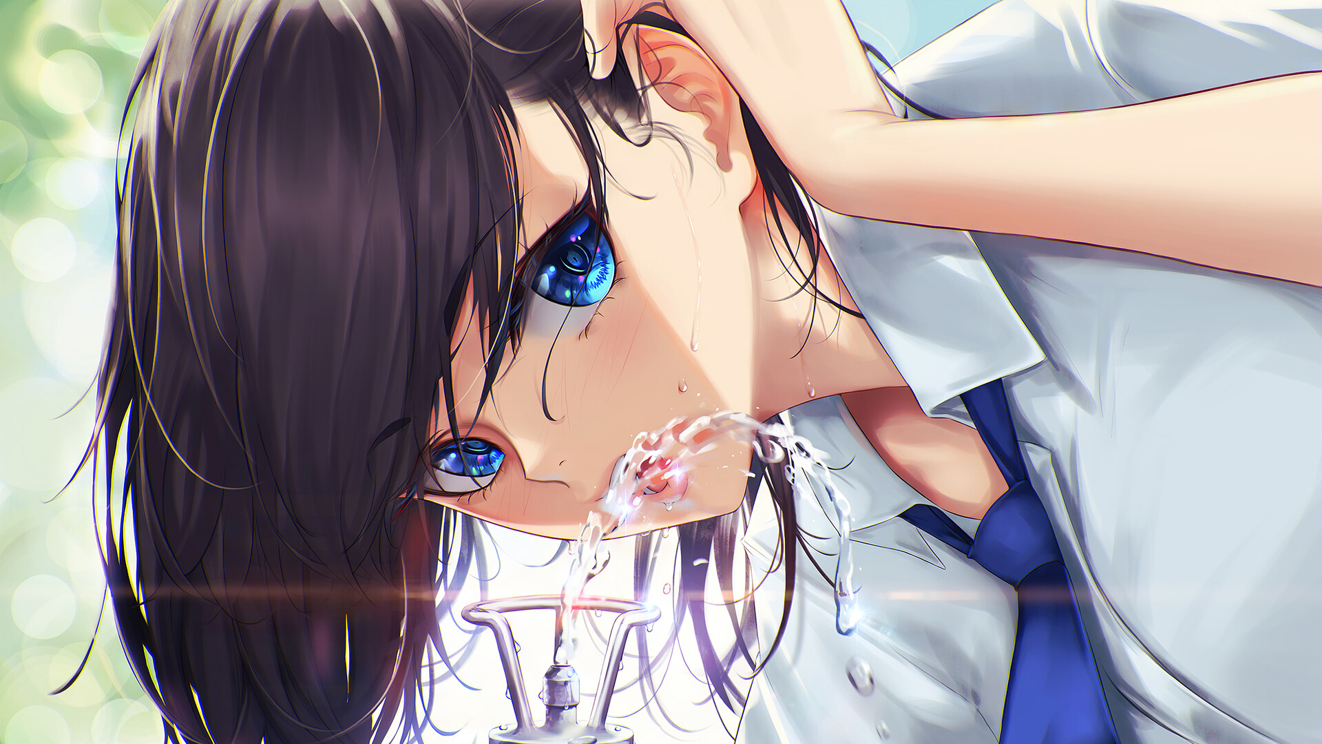 Anime Girls Blue Eyes Dark Hair Drinking Water Drinking Fountains White Shirt Blue Tie Face Looking  1920x1080