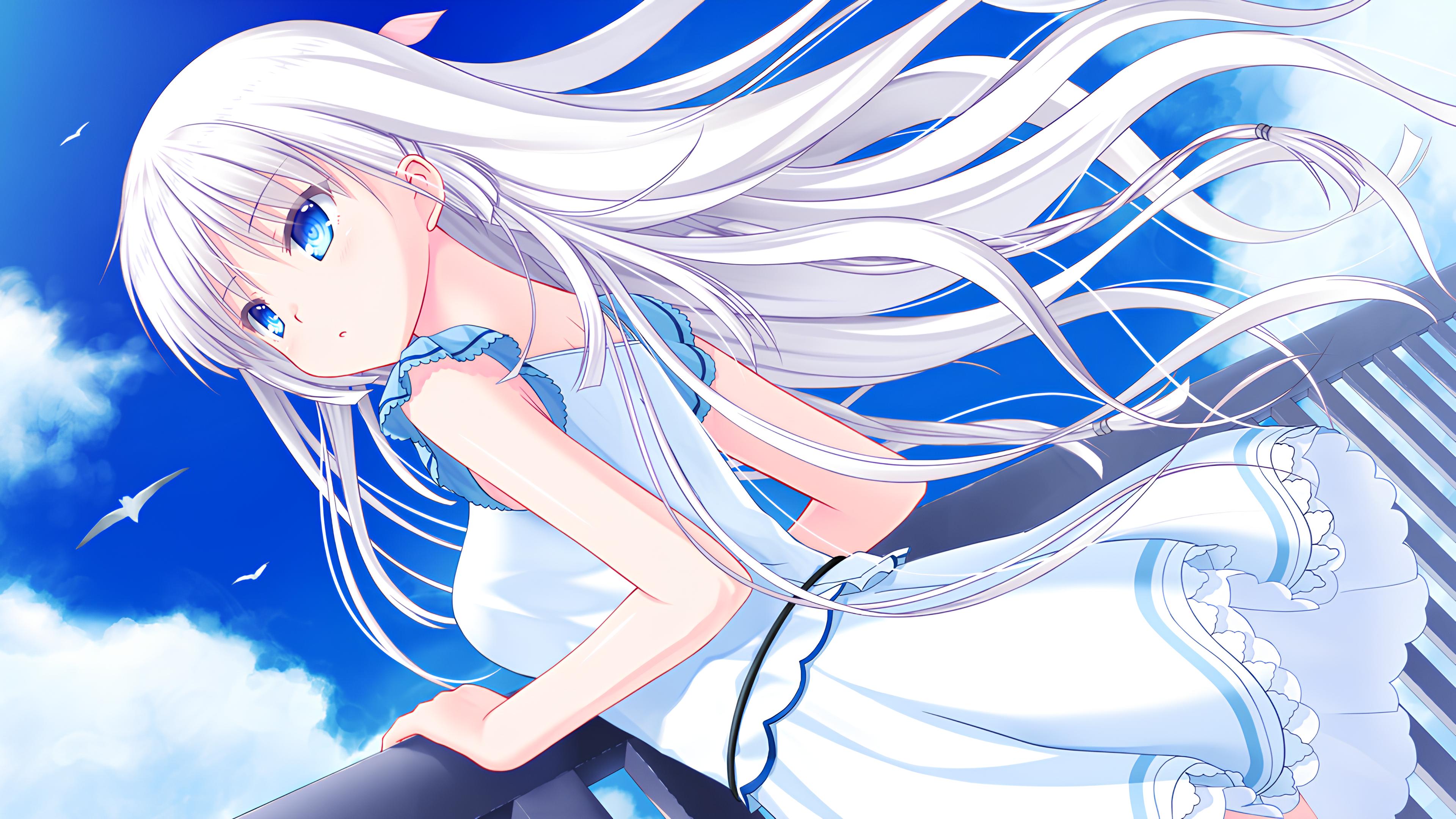 Summer Pockets Anime Girls Long Hair White Hair Blue Eyes Looking Away Dress Sky Clouds Birds Animal 3840x2160