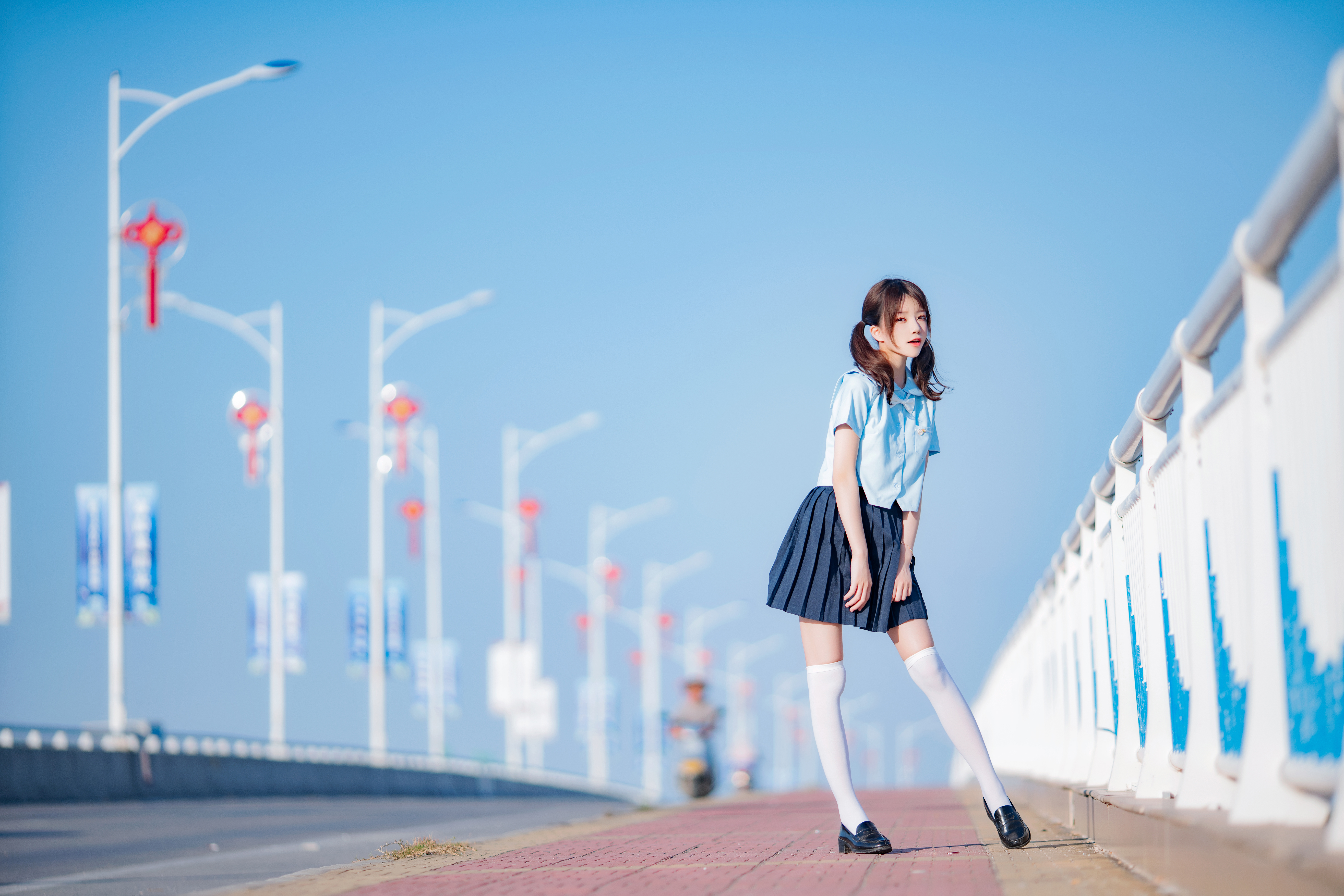 Women Model Asian Cosplay JK Schoolgirl School Uniform Brunette Twintails Women Outdoors Bridge 7952x5304