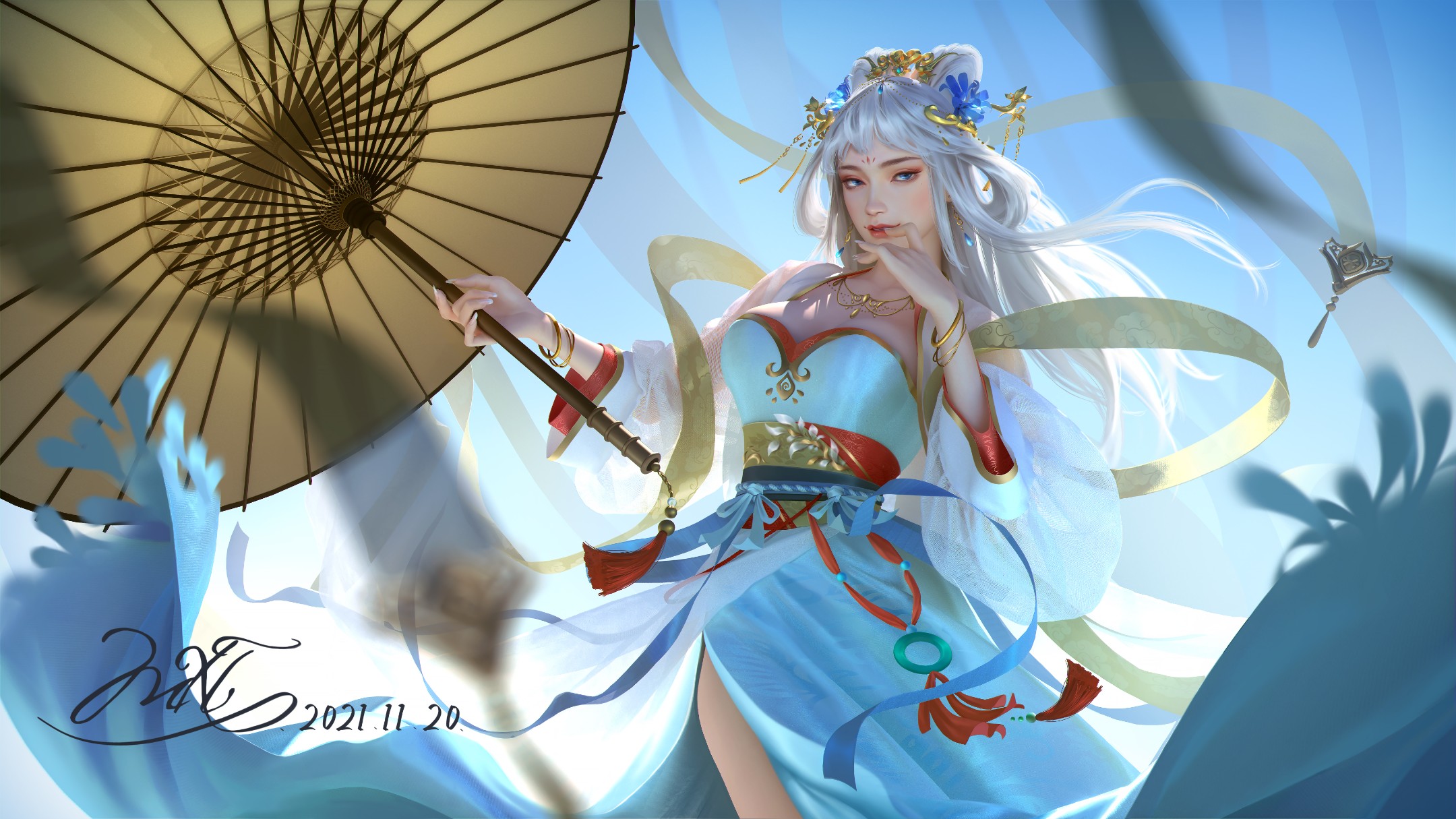 Digital Art Artwork CGi Women Umbrella Long Hair White Hair Fantasy Art Fantasy Girl Watermarked Loo 2160x1215