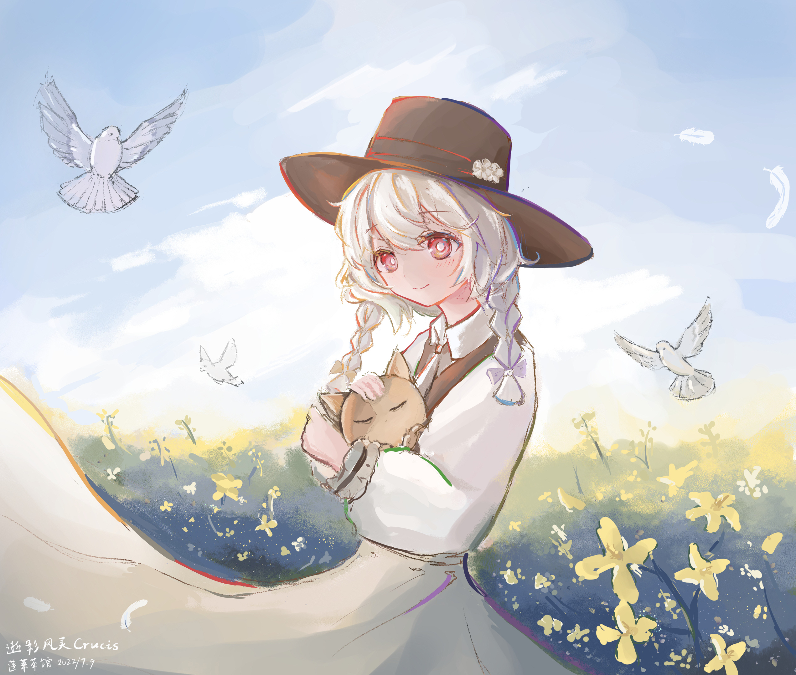 Warma Braided Hair Anime Girls Braids Hat Birds Flowers Feathers 2542x2157