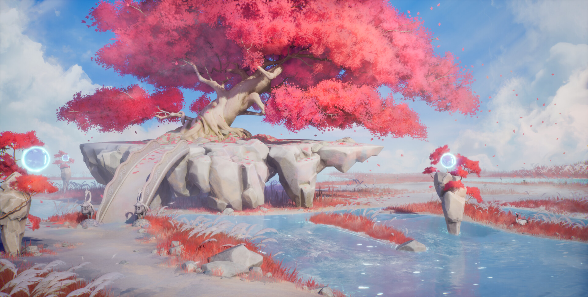 Digital Art Fantasy Art Landscape Clouds Sky Water Trees Rocks Petals 1920x970