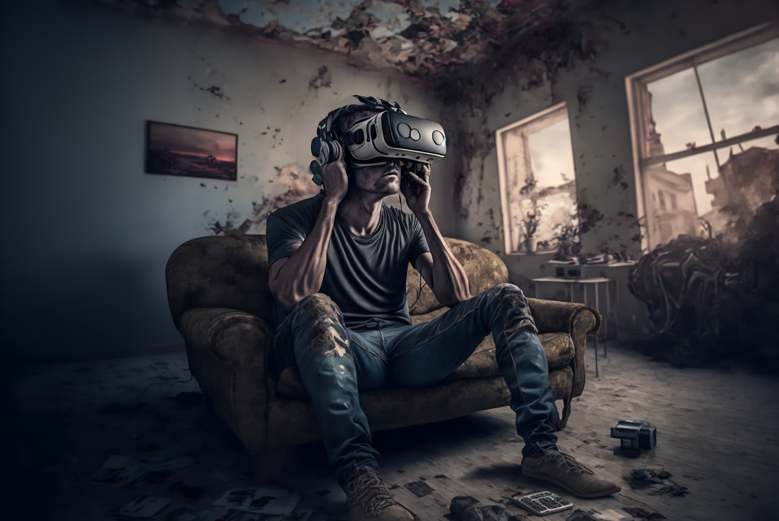 Ai Art Illustration Virtual Reality Headset VR Headset Dirt Men Dystopian Depressing Post Apocalypse 3060x2048