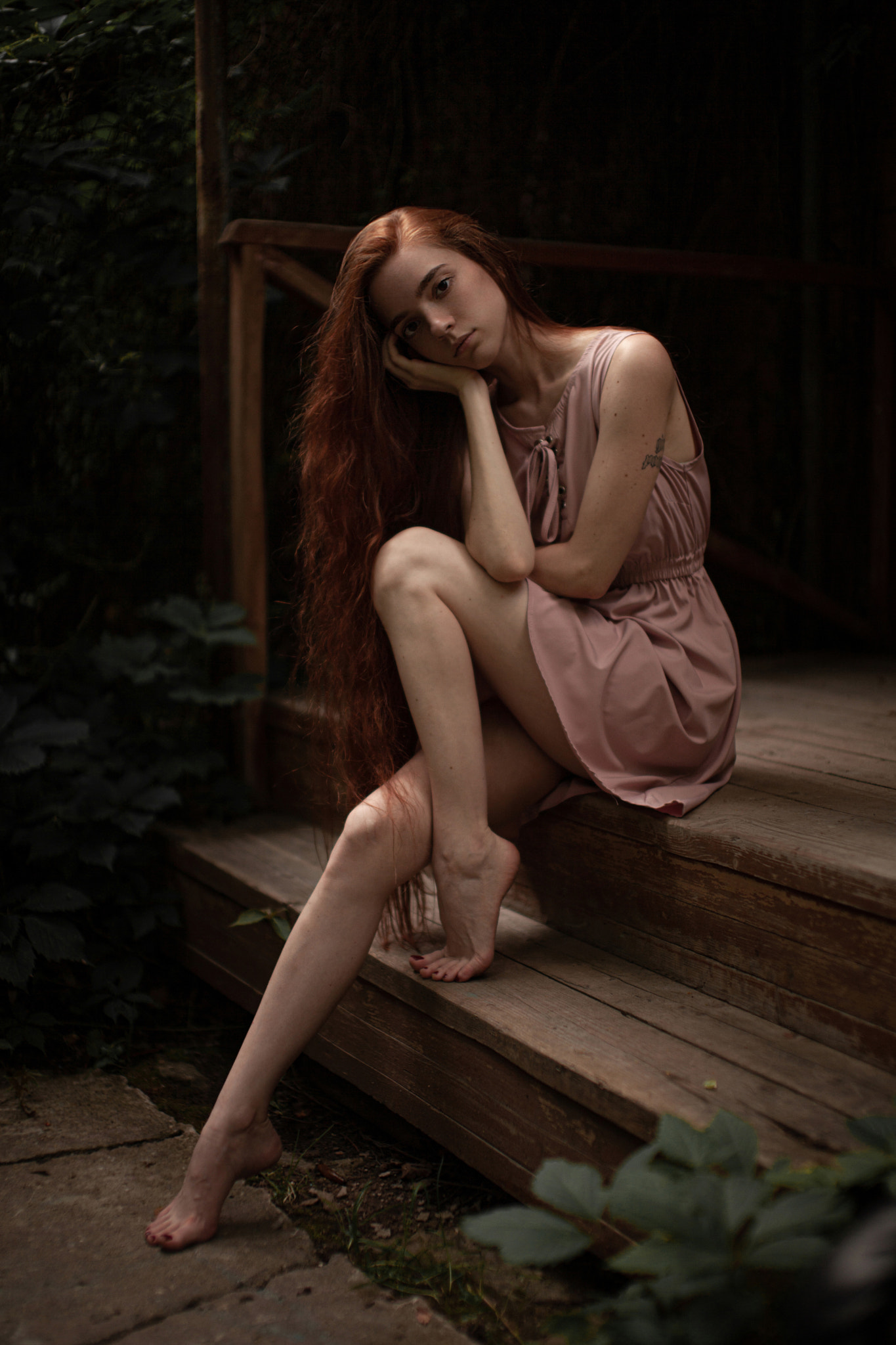 Andrey Frolov Women Redhead Long Hair Resting Head Dress Pink Clothing Tattoo Legs Barefoot Stairs P 1365x2048