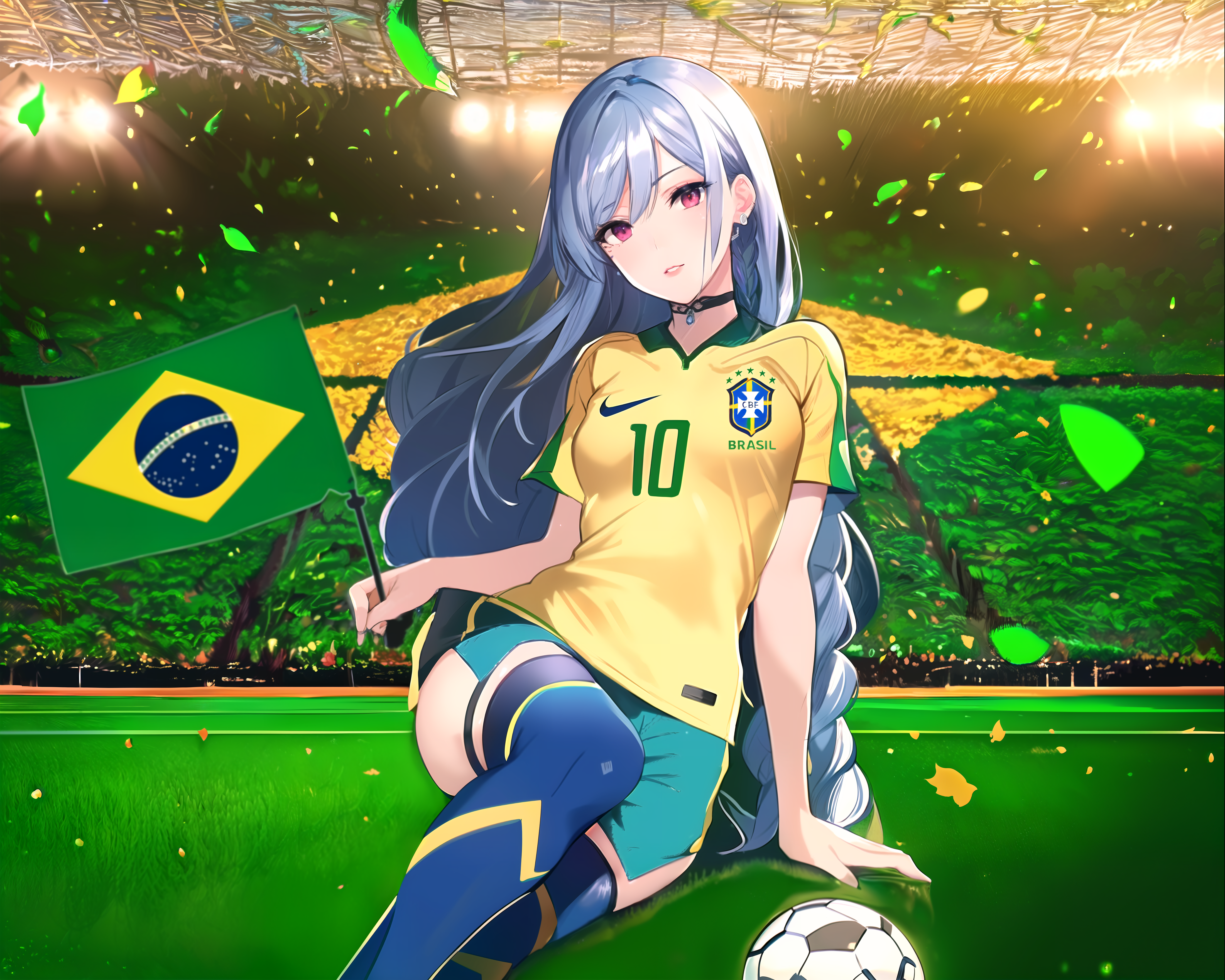 Anime Anime Girls Artwork Brazilian Brazil Soccer Mia27000 Ai Art Digital Art Blue Hair Soccer Ball  4400x3520