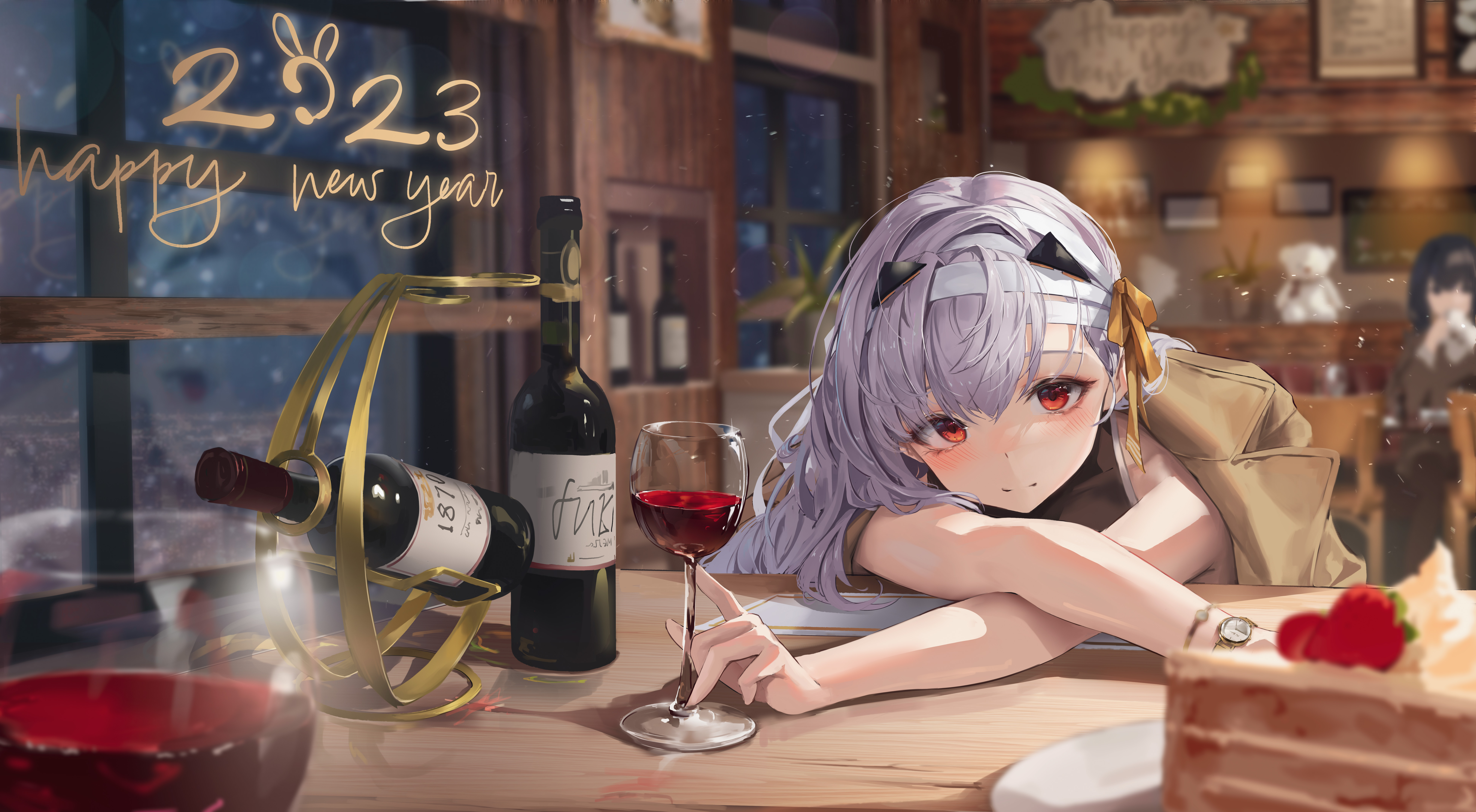 Anime Anime Girls Wine Wine Glass Cake Red Eyes New Year 7927x4363