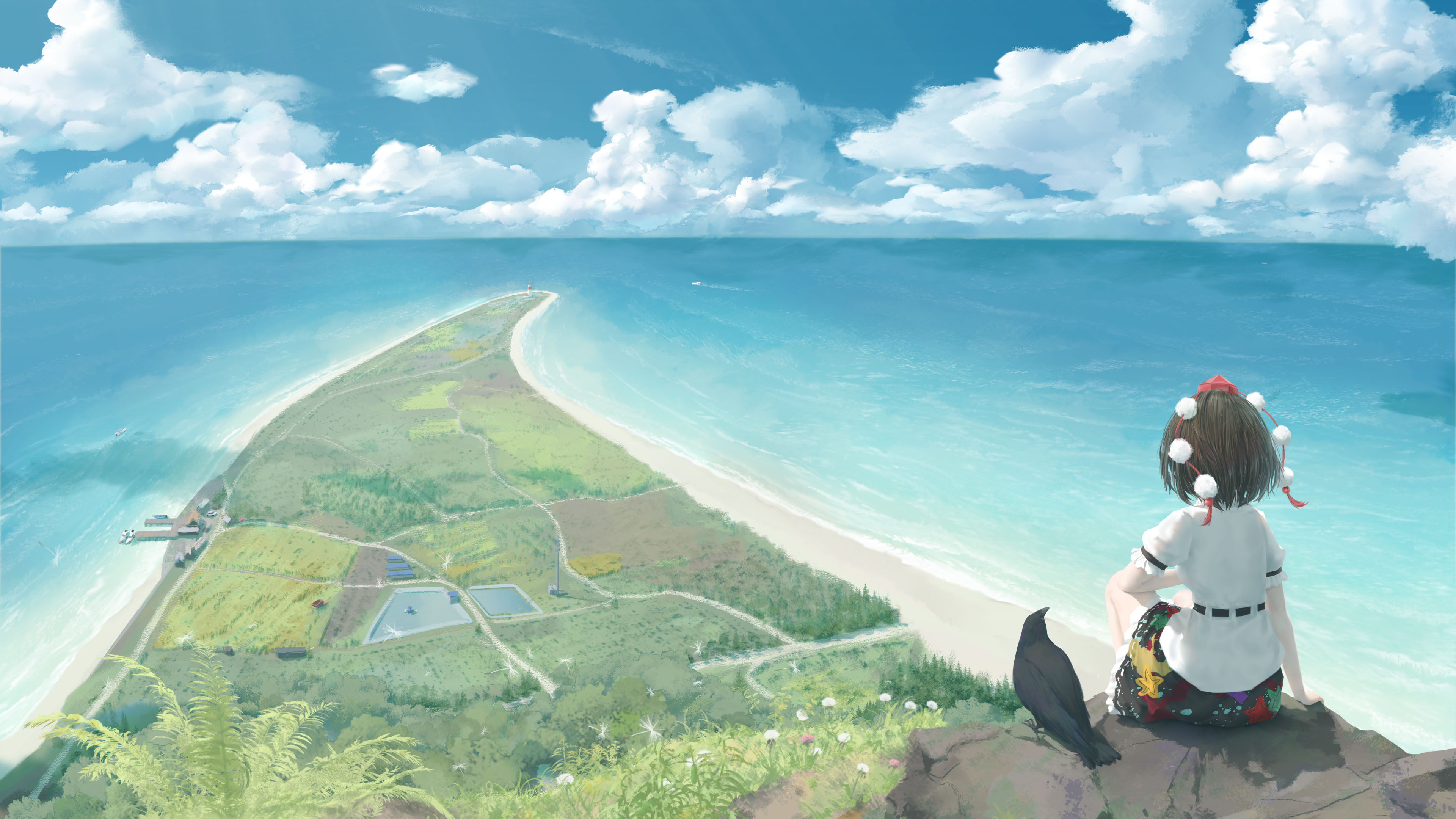 Touhou Shameimaru Aya Anime Girls Rear View Clouds Birds Sitting Sky Grass Crow Landscape Outdoors F 3840x2160