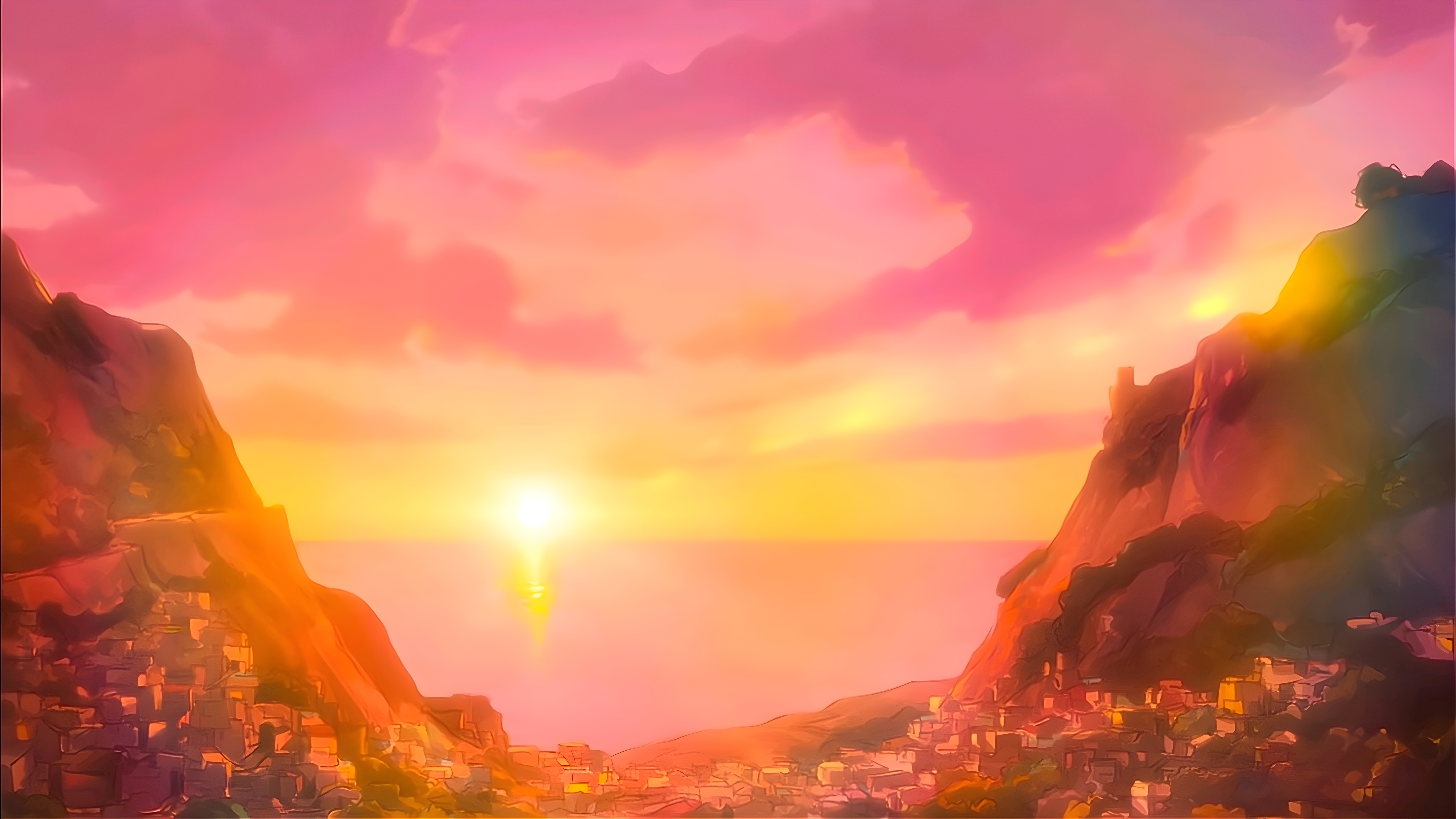 Hai To Gensou No Grimgar Anime Sunset Landscape Sky Sea Town Warm Summer Isekai Clouds 8000x4500