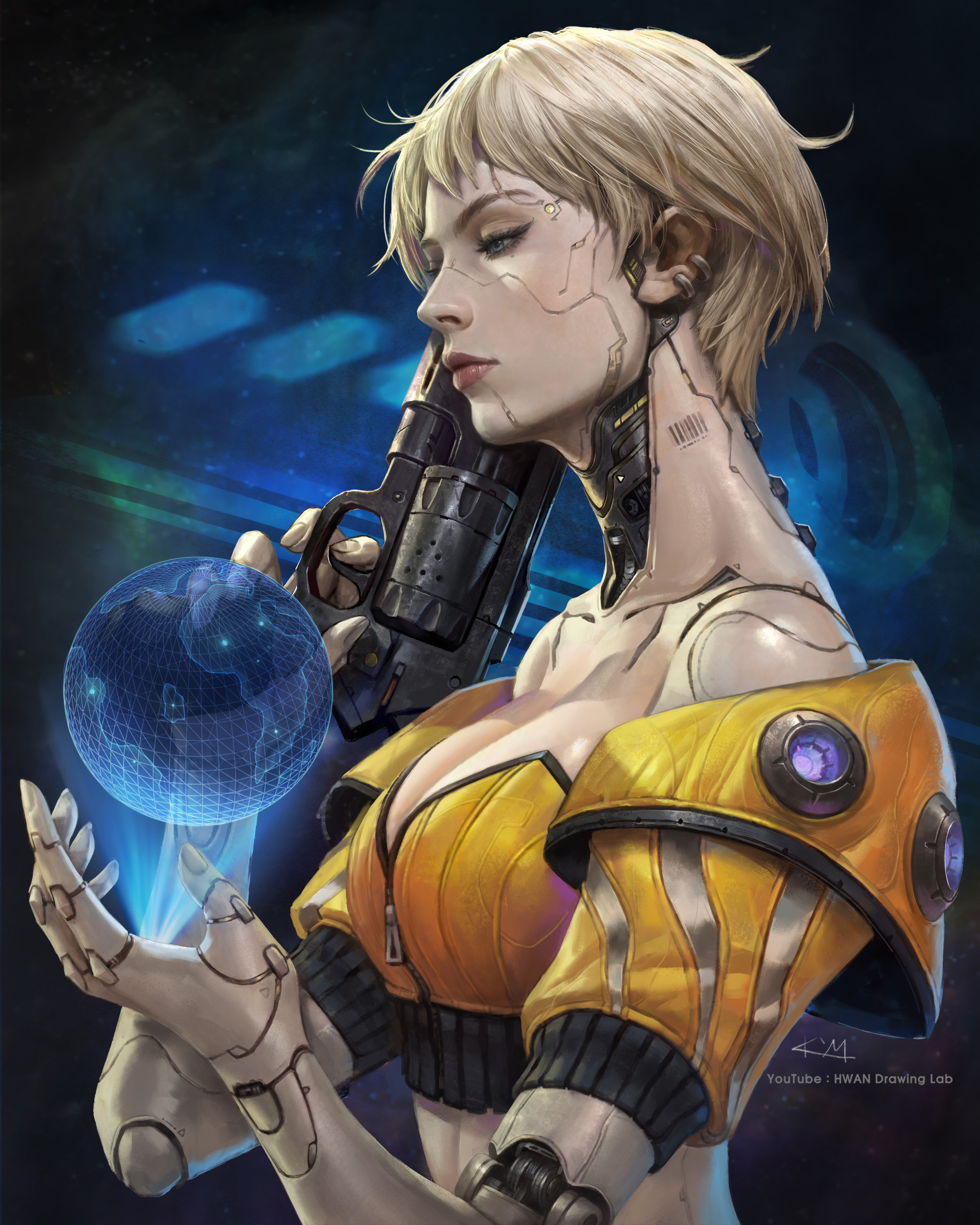 Artwork Women Girl With Weapon Kim Sung Hwan Cyborg Machine Futuristic Science Fiction Blonde Short  2400x3000