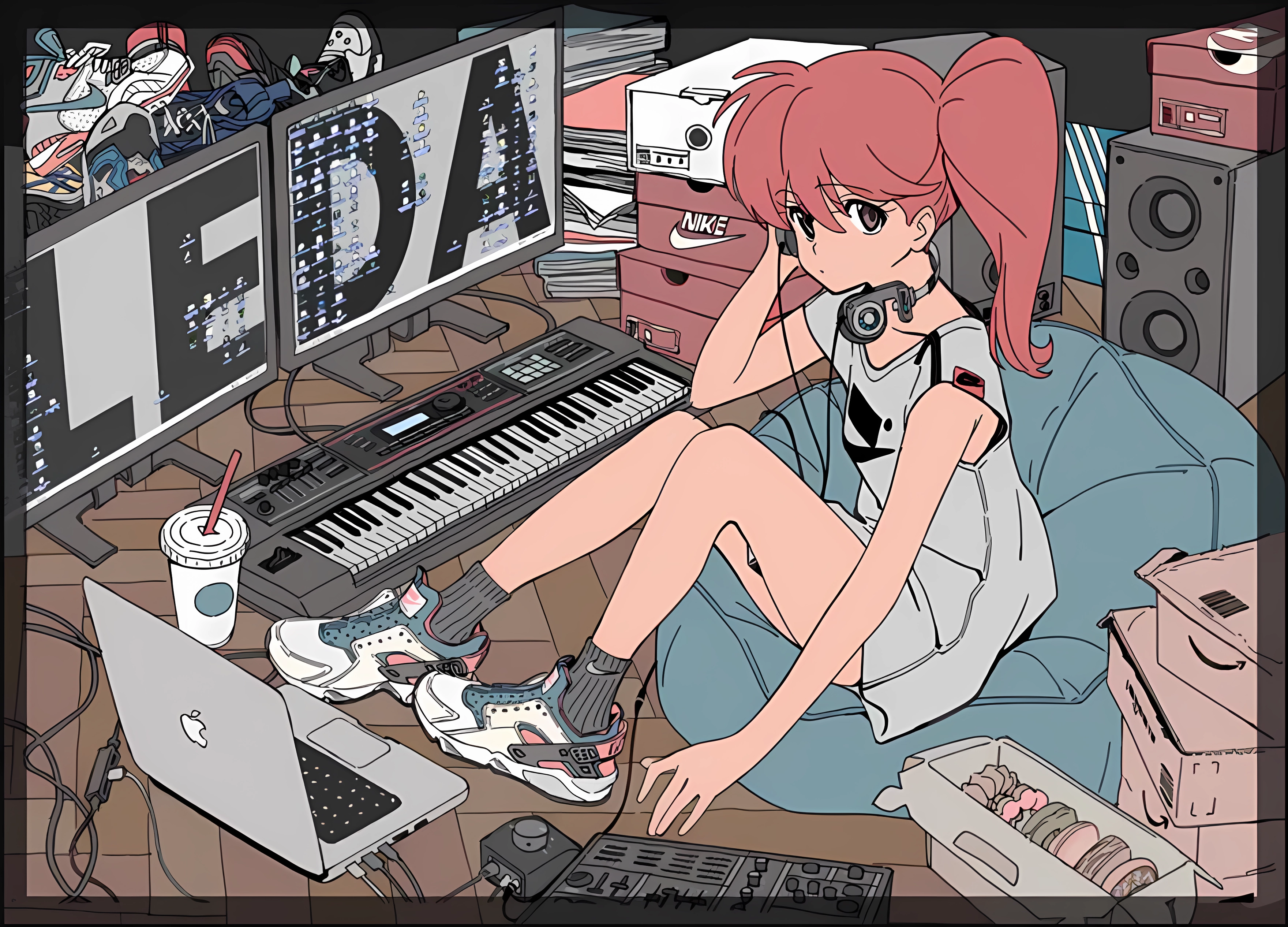 Tarou2 Anime Anime Girls Headphones Piano Laptop Musical Instrument Looking At Viewer Redhead Donut  3520x2532
