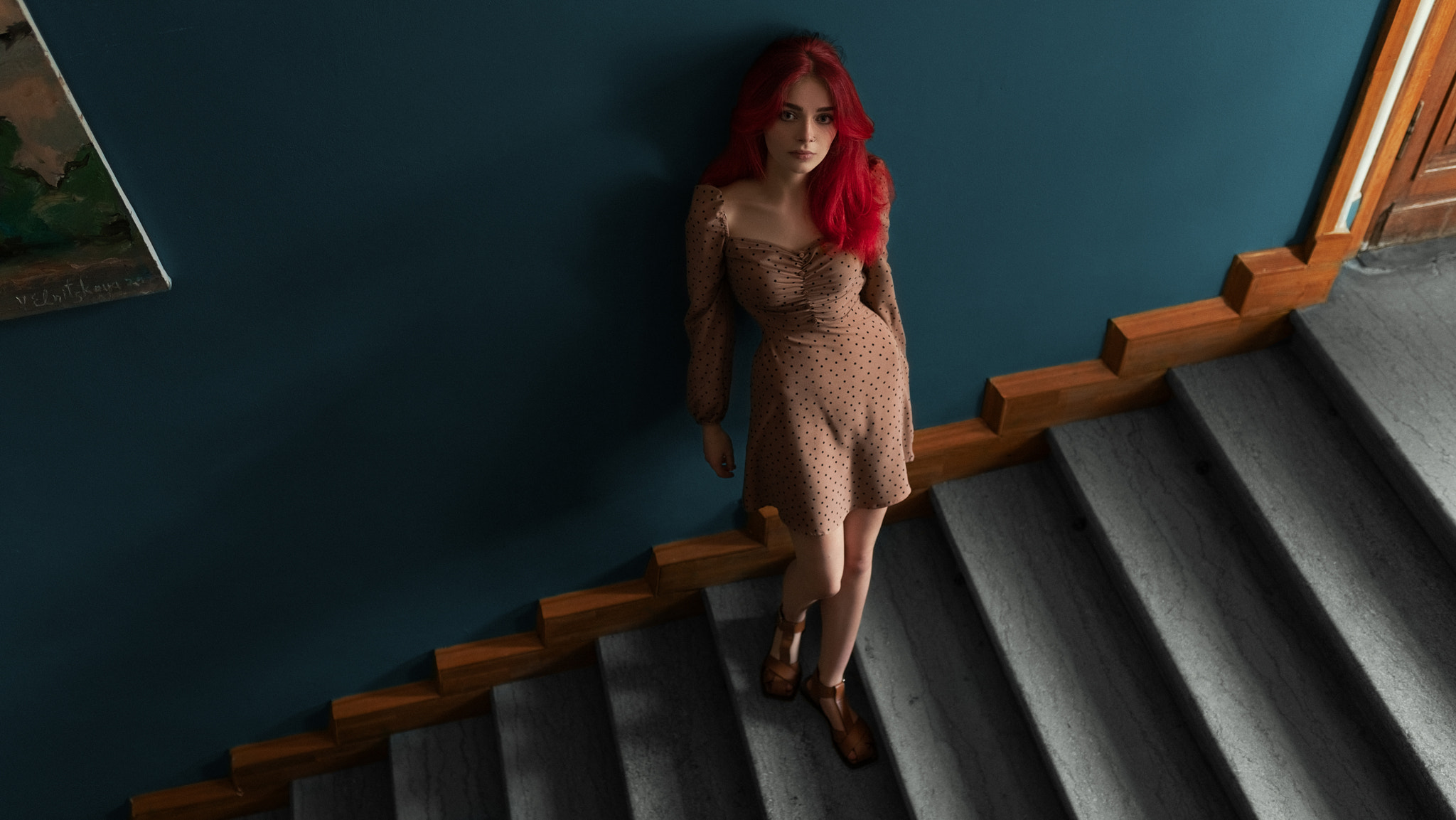 George Poison Women Redhead Dress High Angle Stairs Long Hair 2048x1153