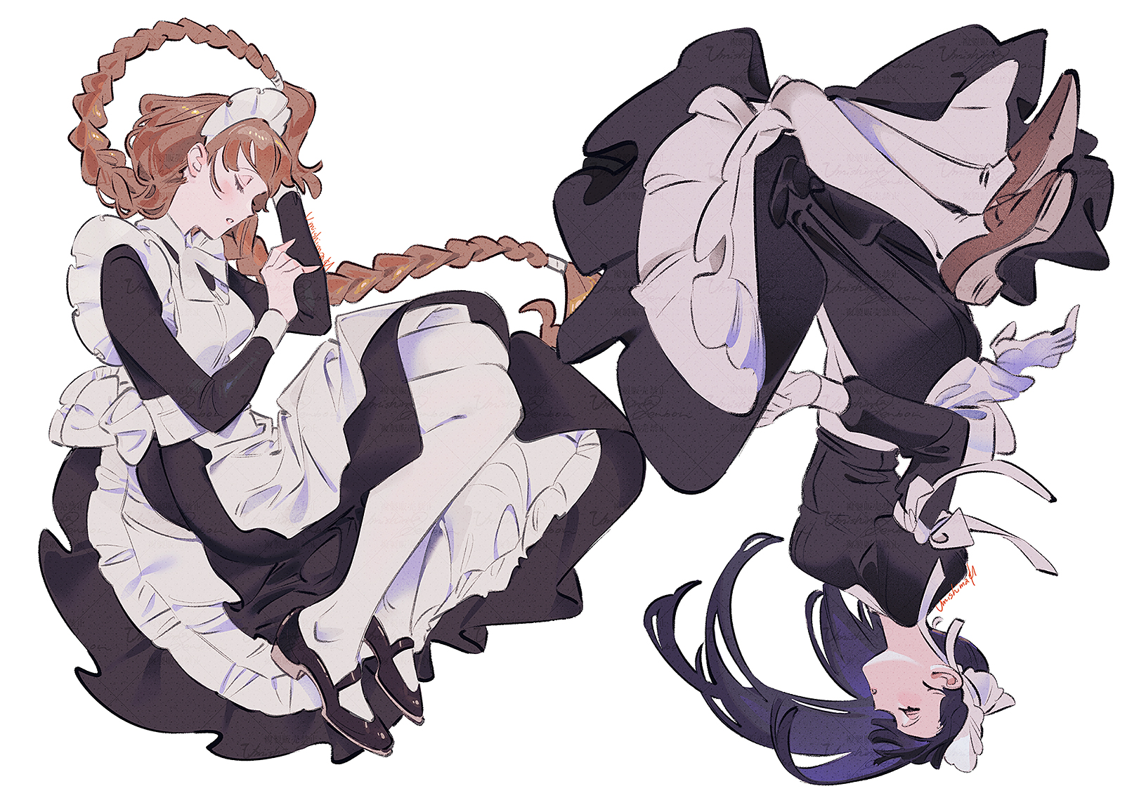 Anime Girls Maid Simple Background Sleeping Maid Outfit Braids Braided Hair Long Hair Watermarked Ly 1621x1146