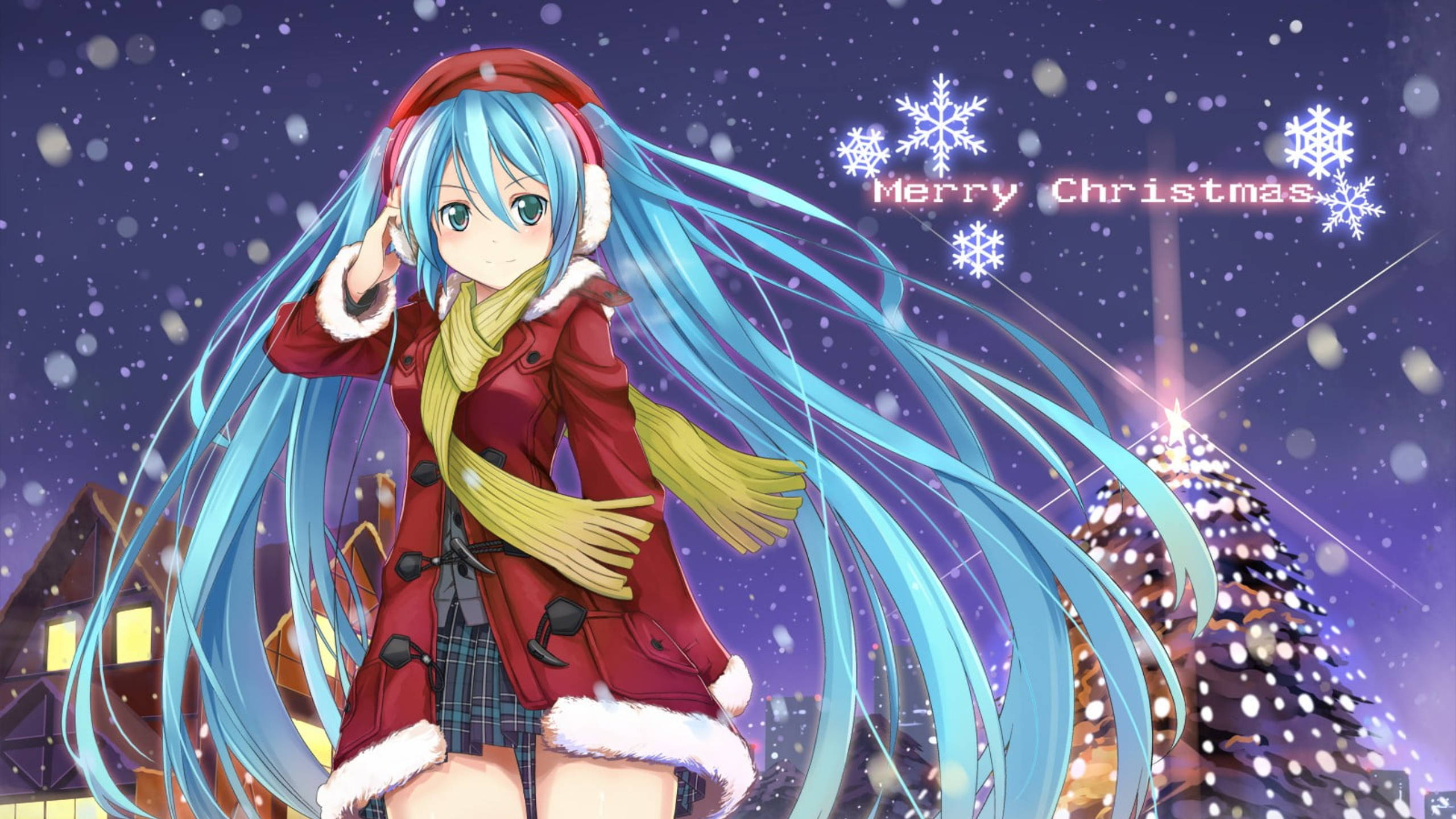 Christmas Christmas Clothes Hatsune Miku Anime Anime Girls Vocaloid Twintails Snow Ear Muffs Christm 2560x1440