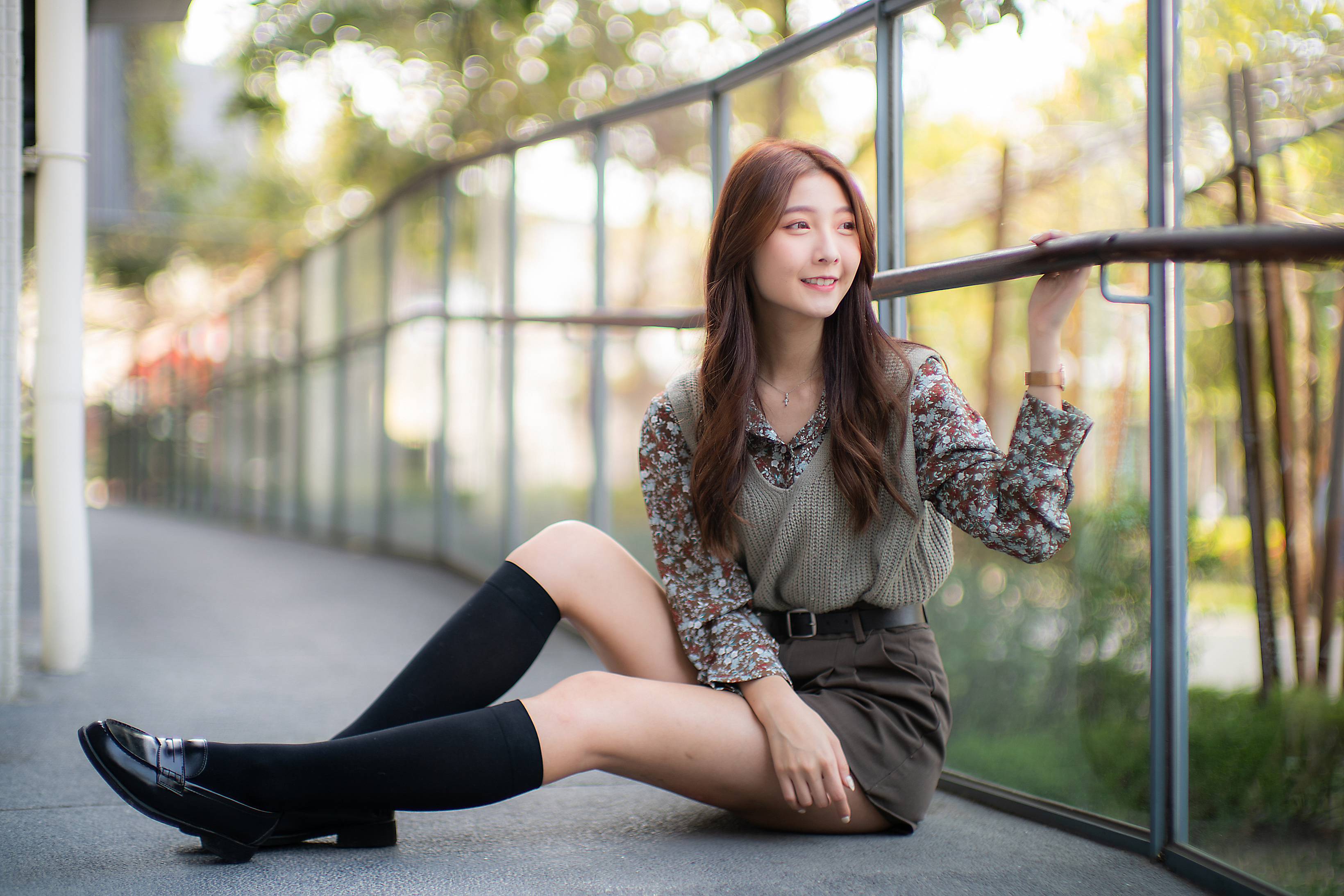 Asian Model Women Long Hair Dark Hair Sitting Fence Shorts Belt Blouse Pullover Knee High Socks Dept 3280x2188
