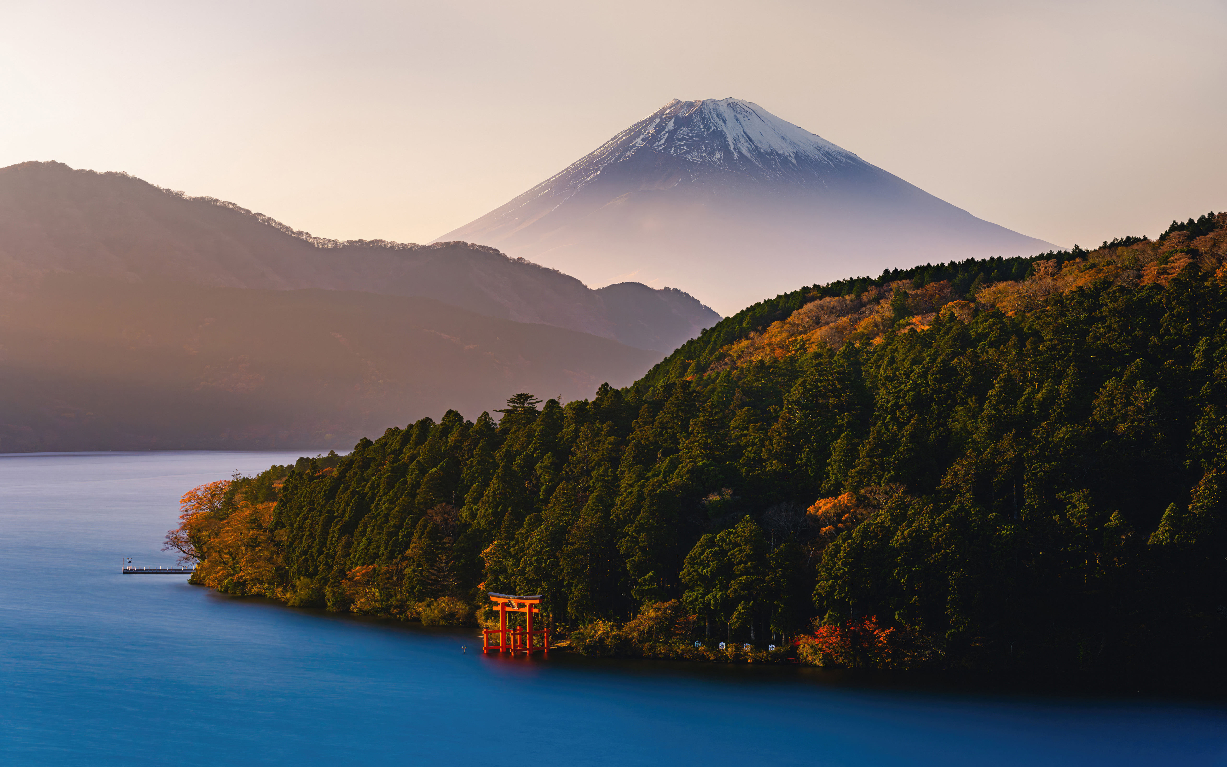 Photography Landscape Nature Japan Mount Fuji River Torii Forest Mountains Trees Water Snow 5120x3200