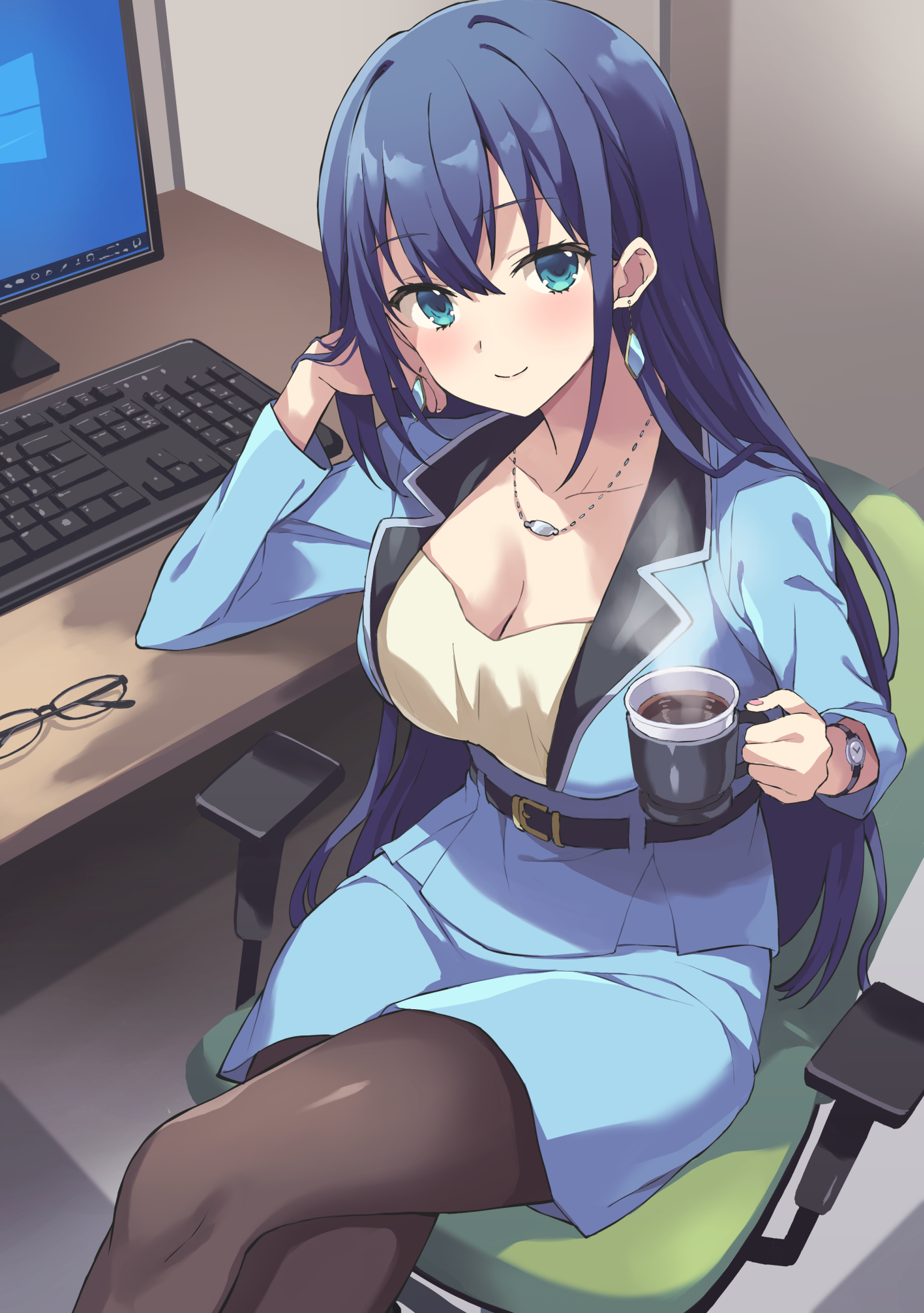 Anime Girls Vertical Legs Crossed Chair Drink Necklace Computer Smiling Looking At Viewer Glasses Lo 1478x2100