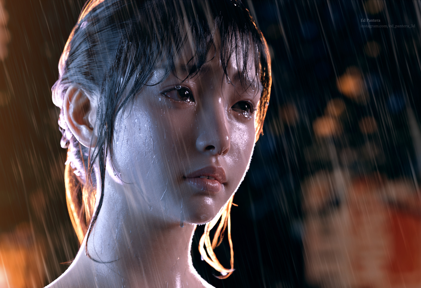 CGi Digital Art Rain Ed Pantera Women Face Wet Wet Hair Asian 3D 1366x933
