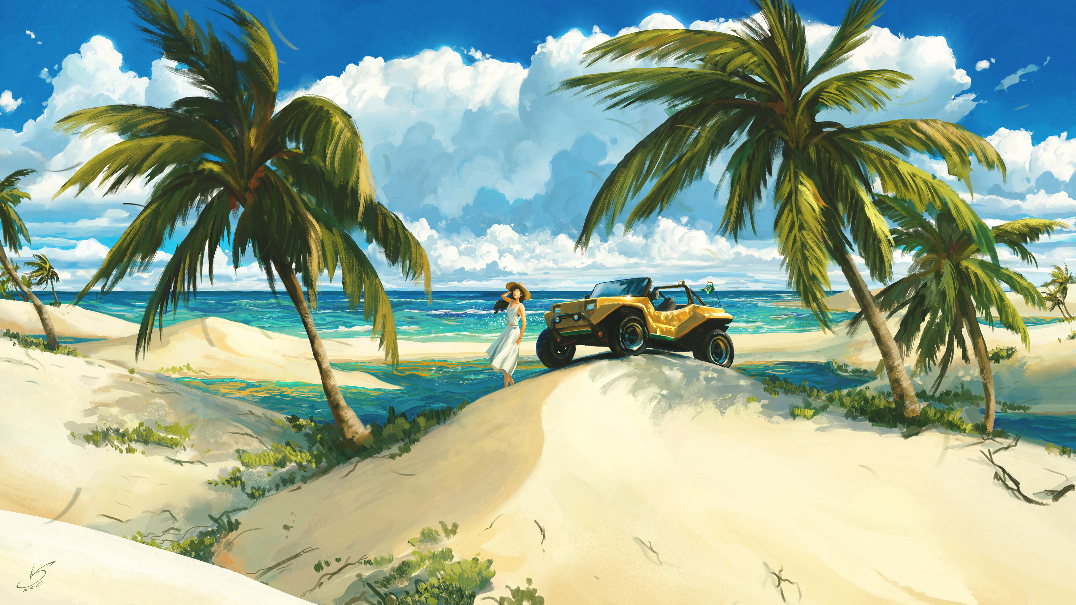 Digital Art Artwork Digital Sand Beach Dunes Buggy Beach Buggy Clouds  Landscape Nature Palm Trees VS Wallpaper - Resolution:3701x2082 -  ID:1300057 