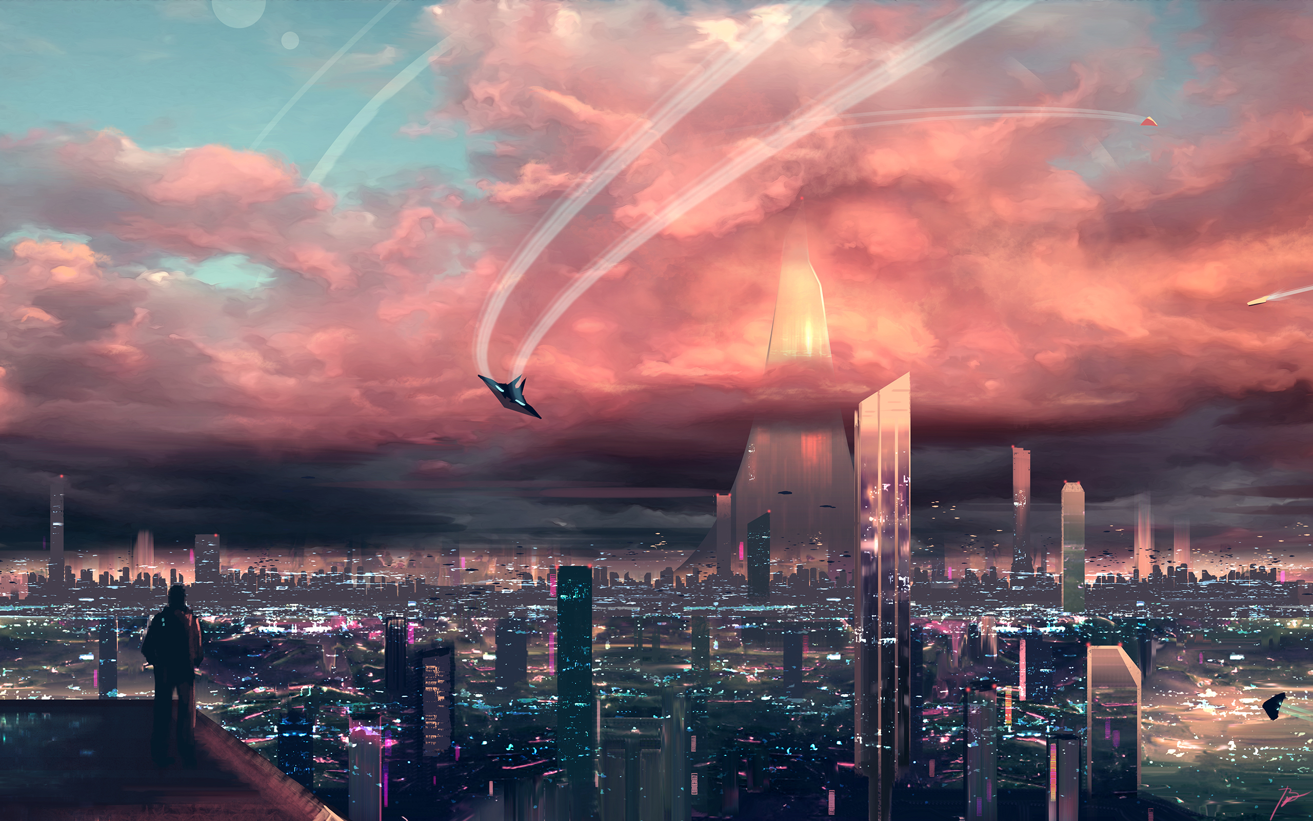 JoeyJazz Cyberpunk Cityscape Science Fiction Sky Clouds 2560x1600