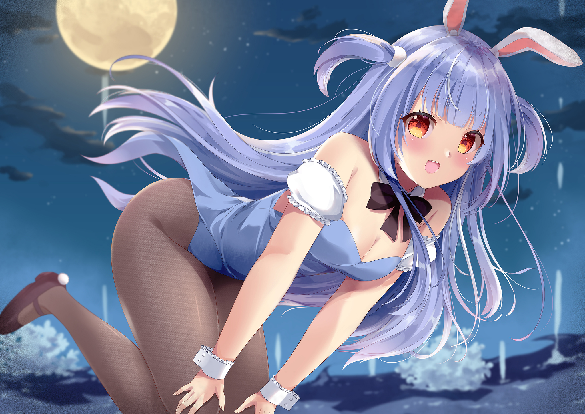 Anime Anime Girls Bunny Ears Bunny Girl Moon Sky Clouds Night Bow Tie Looking At Viewer Blushing Lon 2048x1448