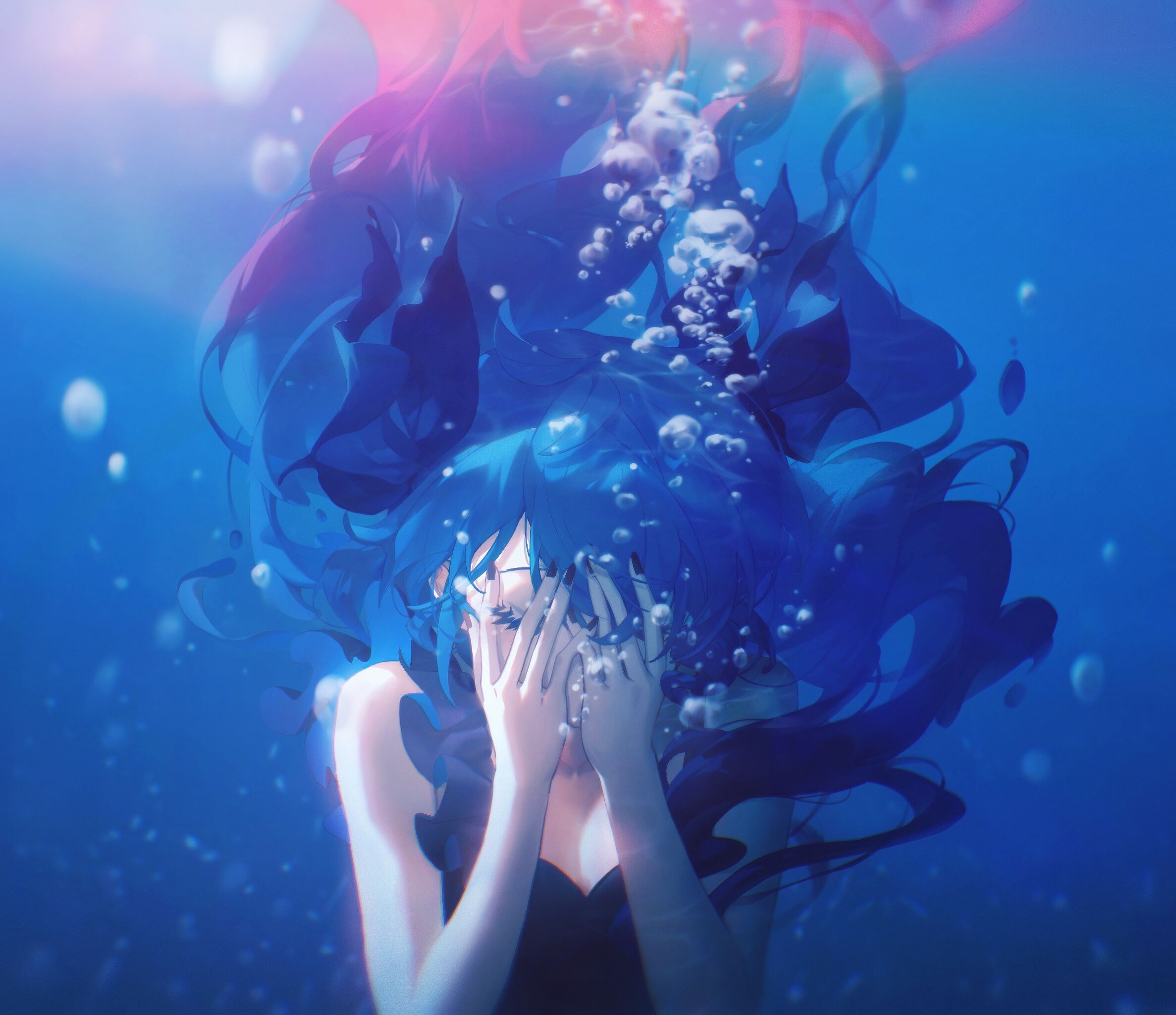 Pixiv Anime Anime Girls Hatsune Miku Vocaloid Water Bubbles Underwater Closed Eyes Long Hair Blue Ha 2374x2048