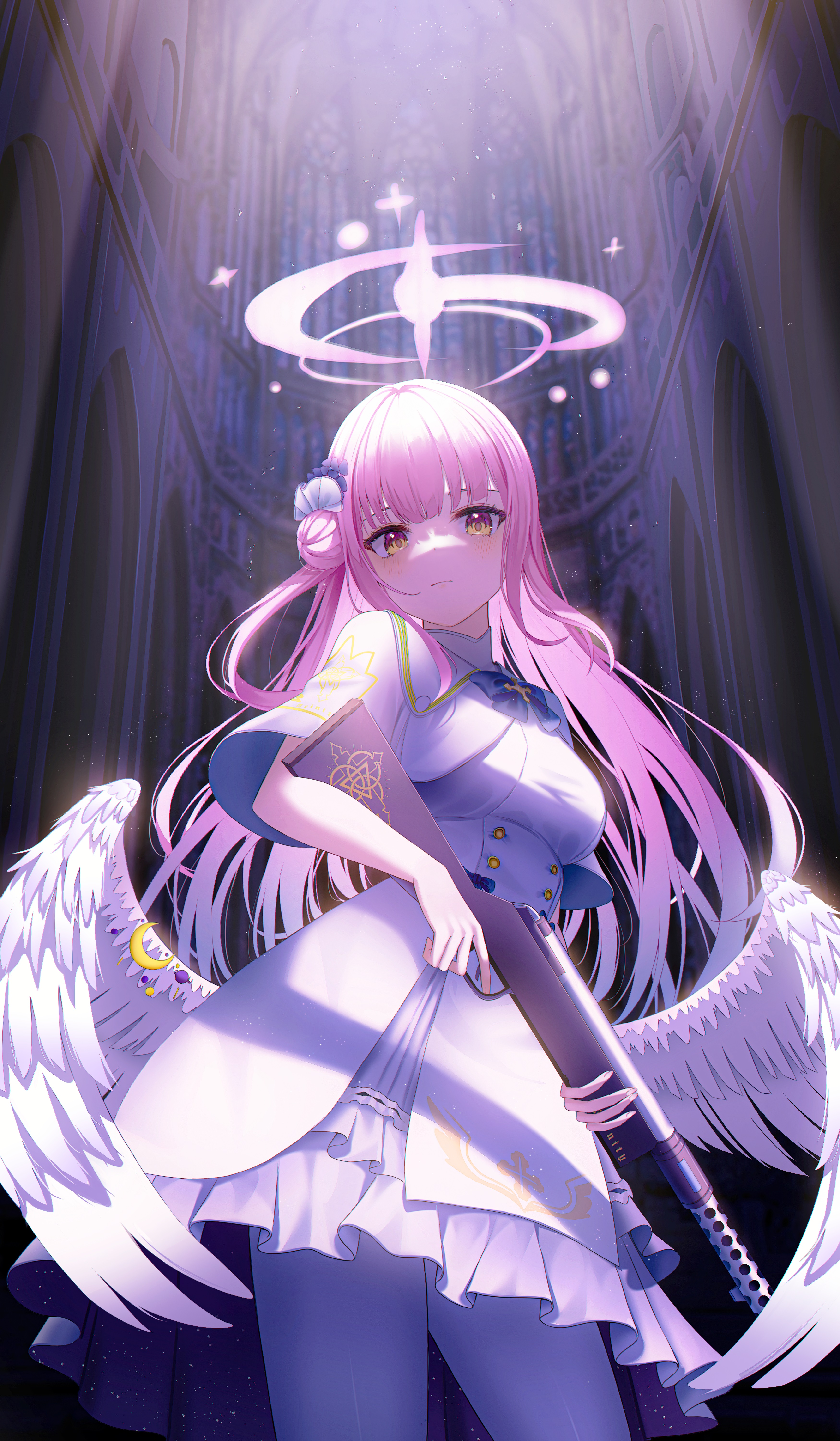 Anime Anime Girls Pink Hair Wings Angel Wings Gun Yellow Eyes Hairbun 3500x6000