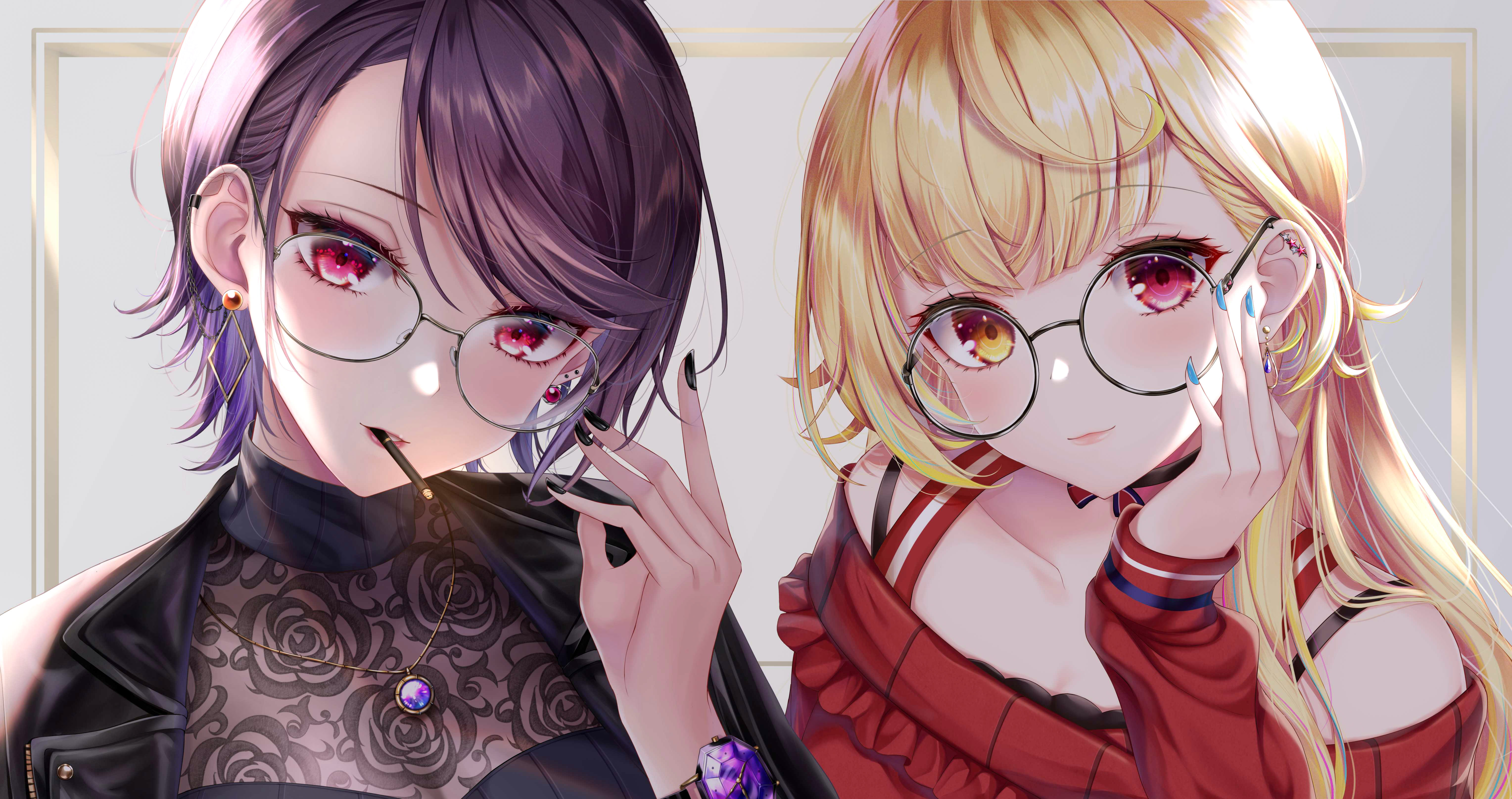 Anime Anime Girls Digital Art Artwork 2D Looking At Viewer Pixiv Glasses Cigars Smoking Heterochromi 6112x3229