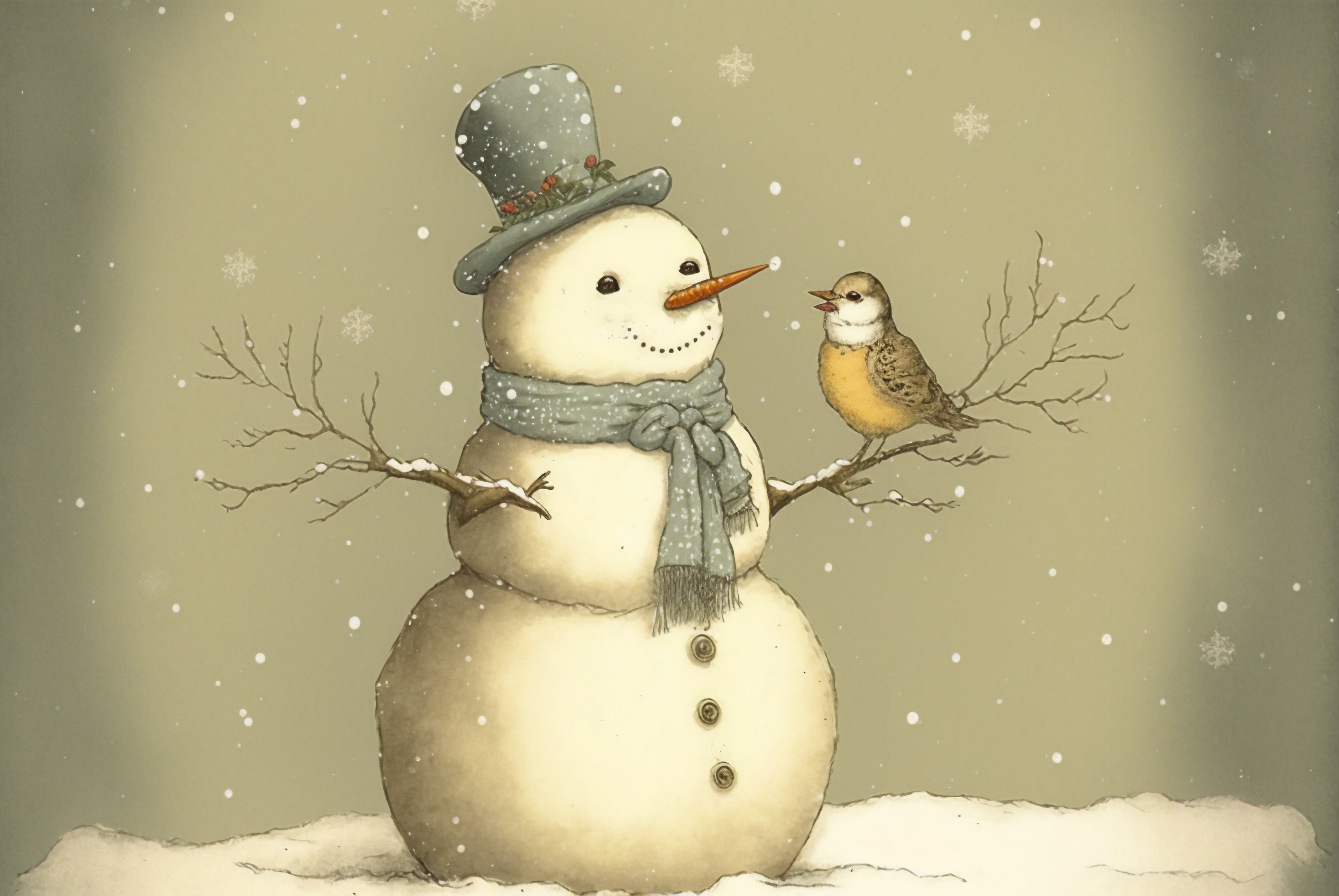 Ai Art Snowman Birds Drawing Winter Snow Hat Branch Scarf 3060x2048