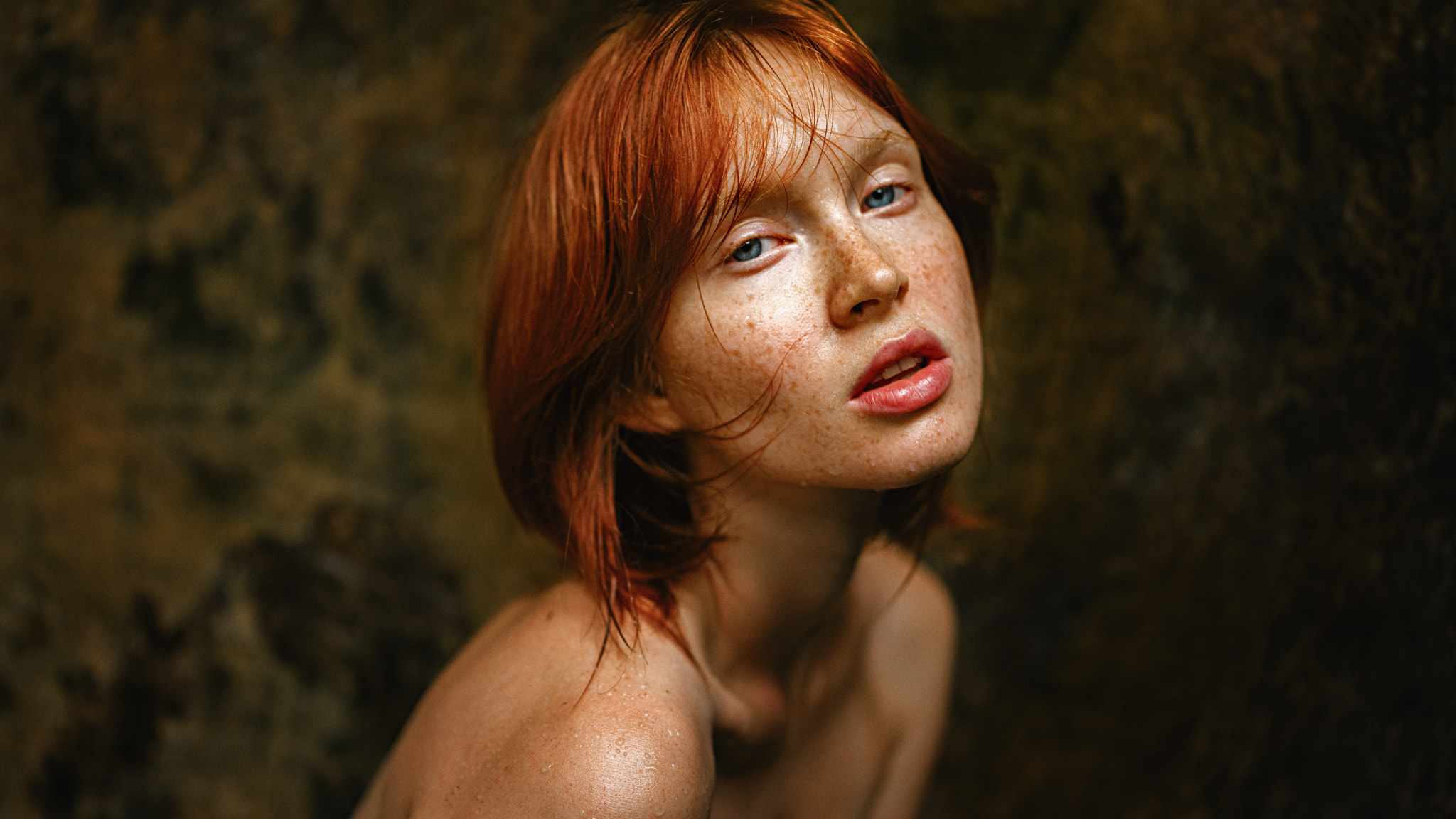 Women Redhead Freckles Wet Bare Shoulders Blue Eyes Simple Background Portrait 2048x1152