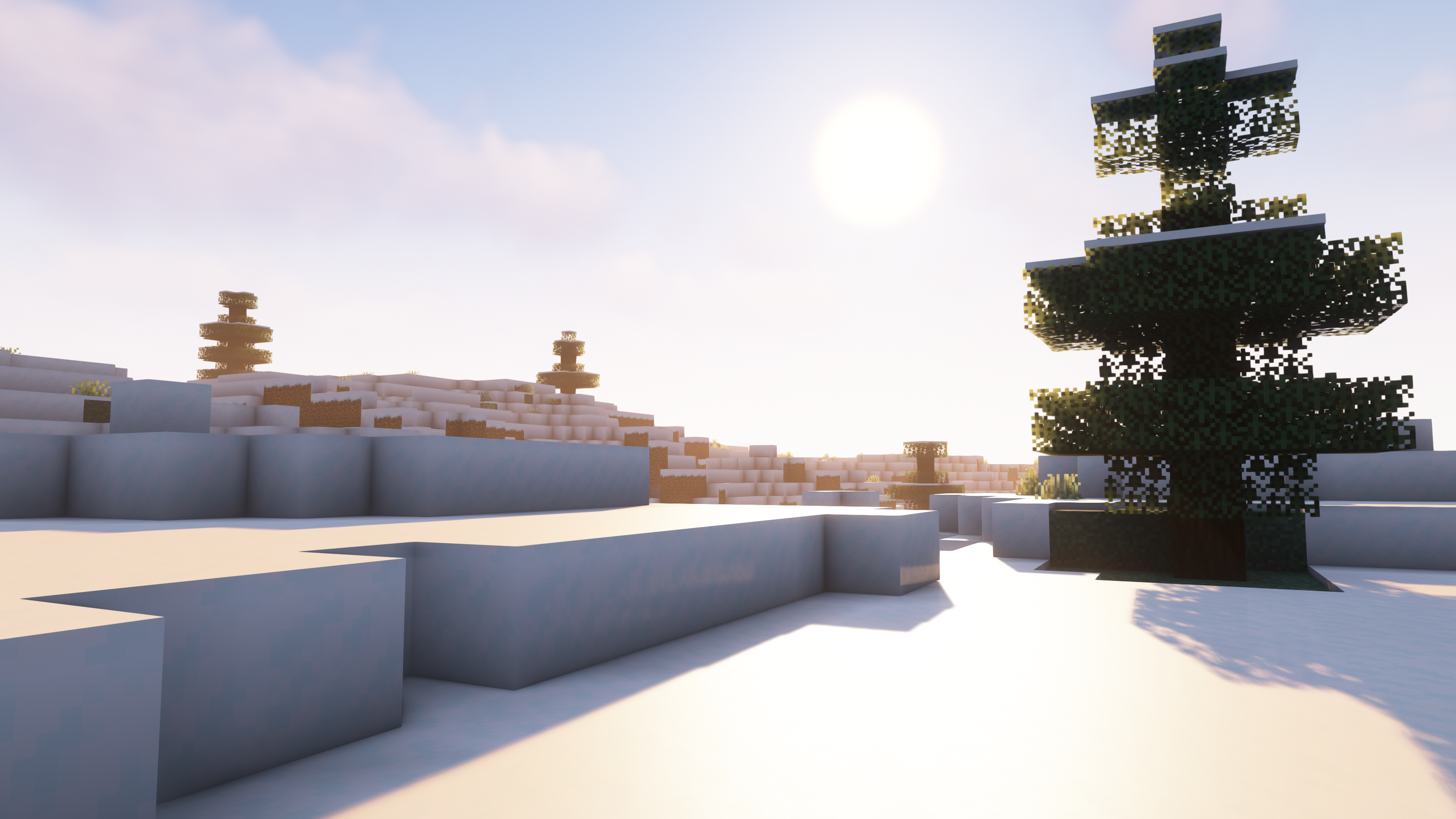 Minecraft Sunlight Snow Covered Snow Pine Trees Video Games Cube Sky Clouds CGi 3840x2160