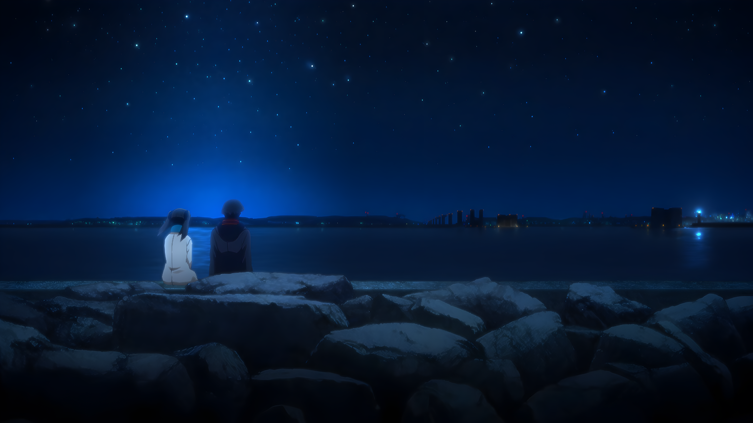 Night Sky Sea Starscape Kokutou Mikiya Kokutou Azaka Kara No Kyoukai 2560x1440