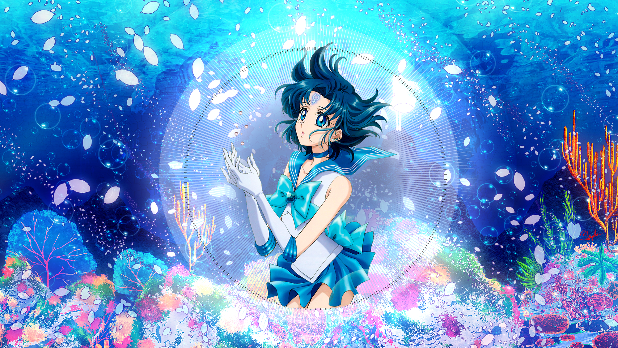 Picture In Picture Anime Anime Girls Mizuno Ami Sailor Moon Blue Hair Blue Eyes Sailor Mercury Short 2000x1125